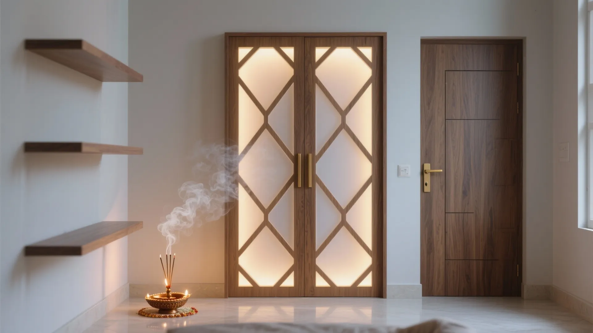 Backlit double doors with diamond wood patterns near a wooden door and floating wall shelves