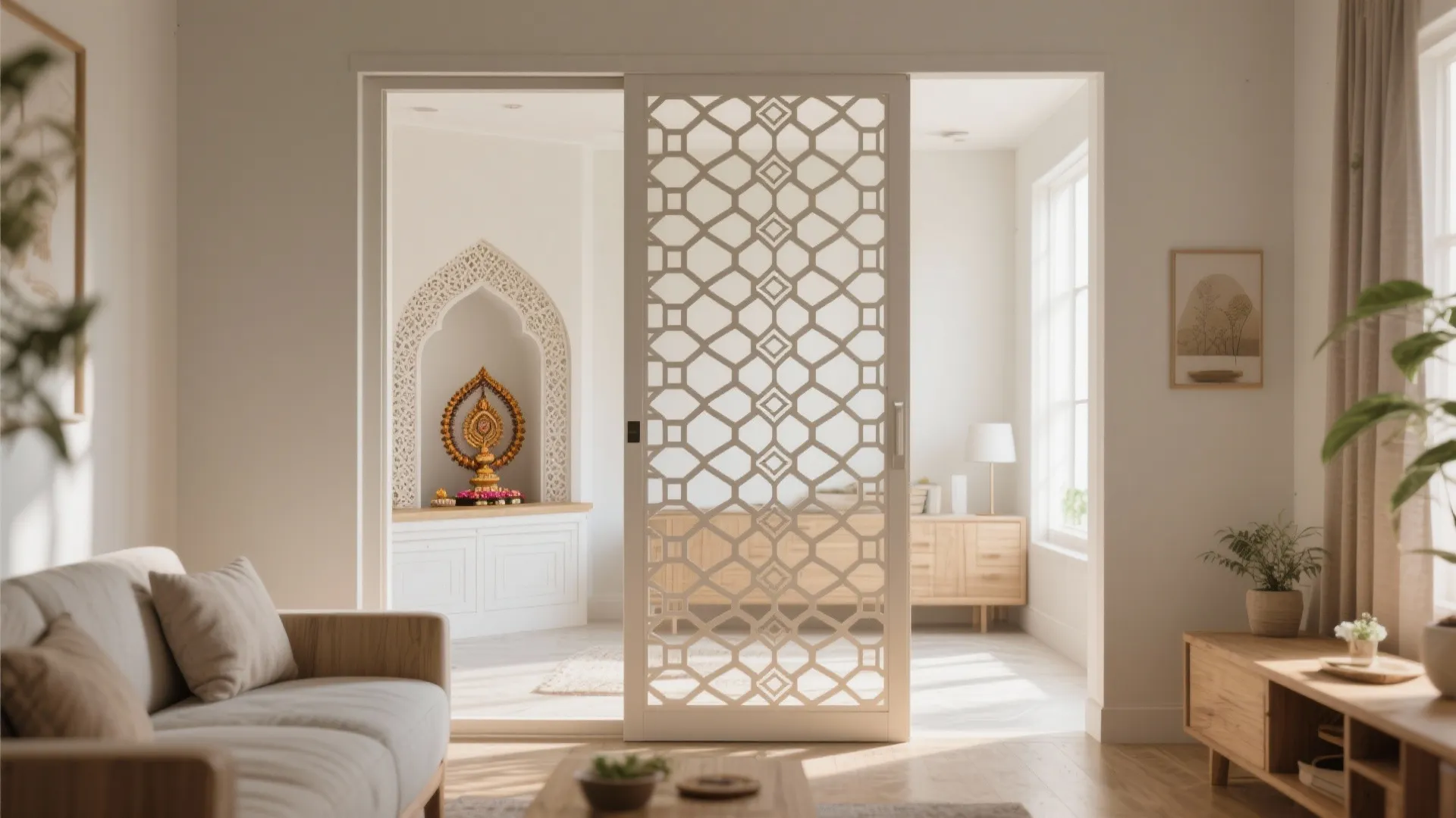 Sliding door with geometric jali etched pattern provides privacy for a pooja niche.