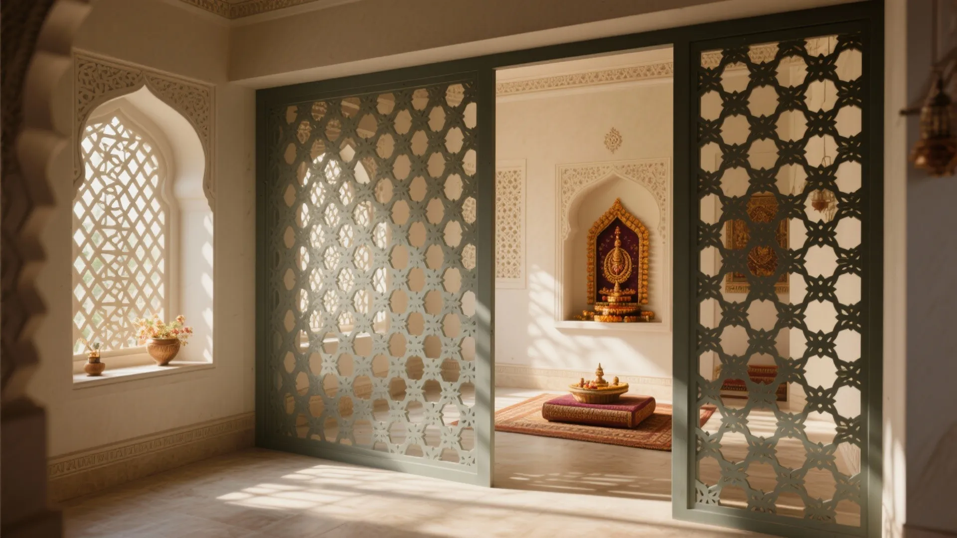 Traditional room with green patterned sliding doors leading to a prayer space with warm natural light