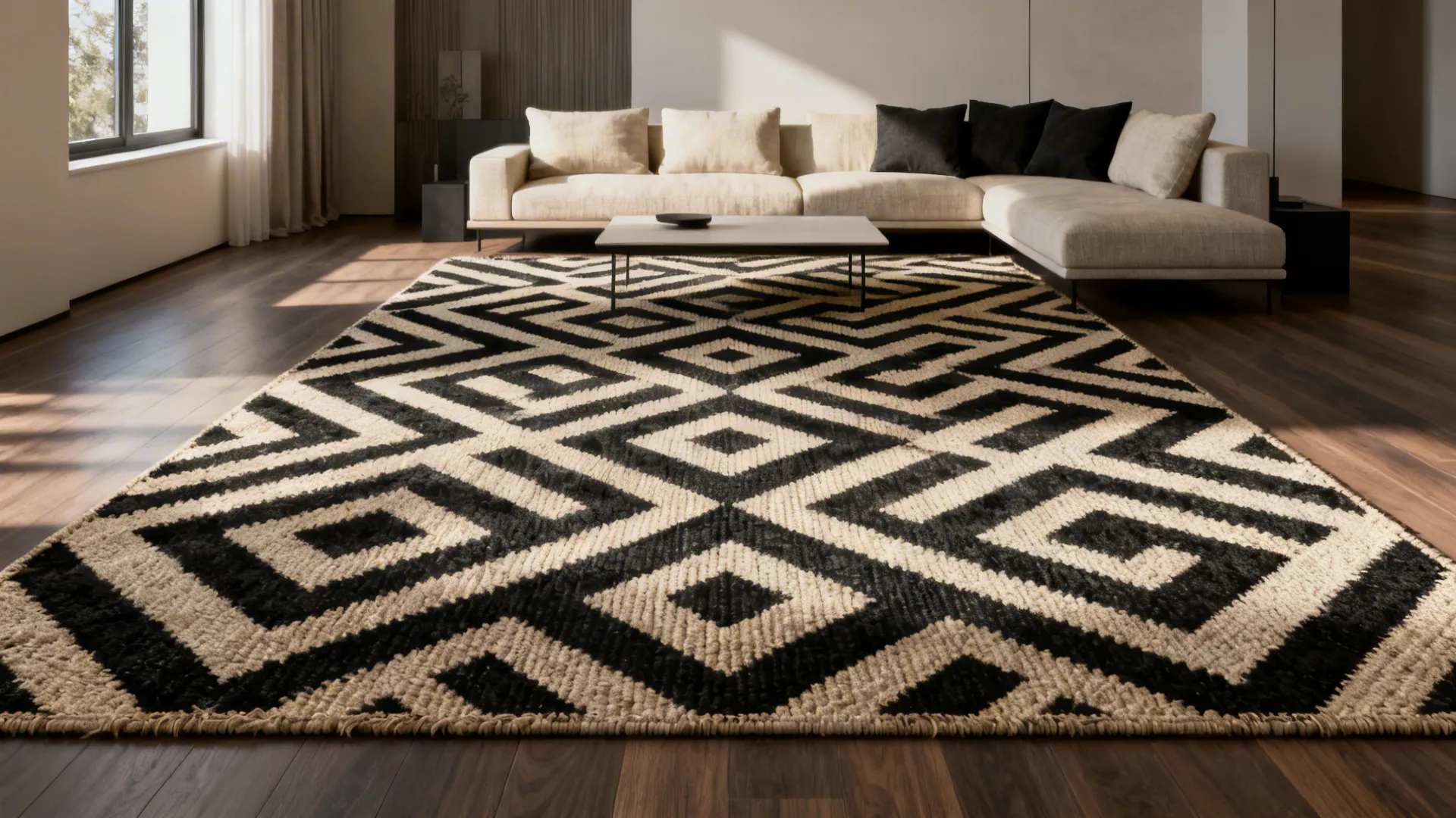 Minimal living room with a large-scale black-and-cream geometric rug and solid throw pillows.
