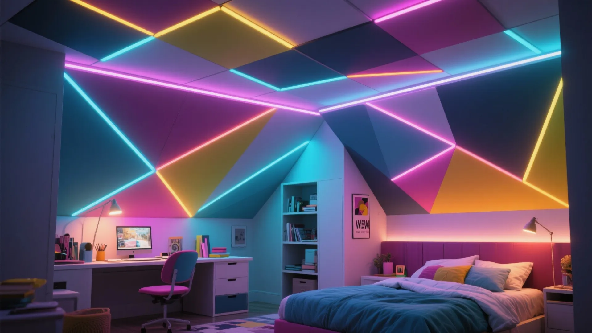 Modern bedroom featuring geometric wall panels with colorful neon light strips and a study desk