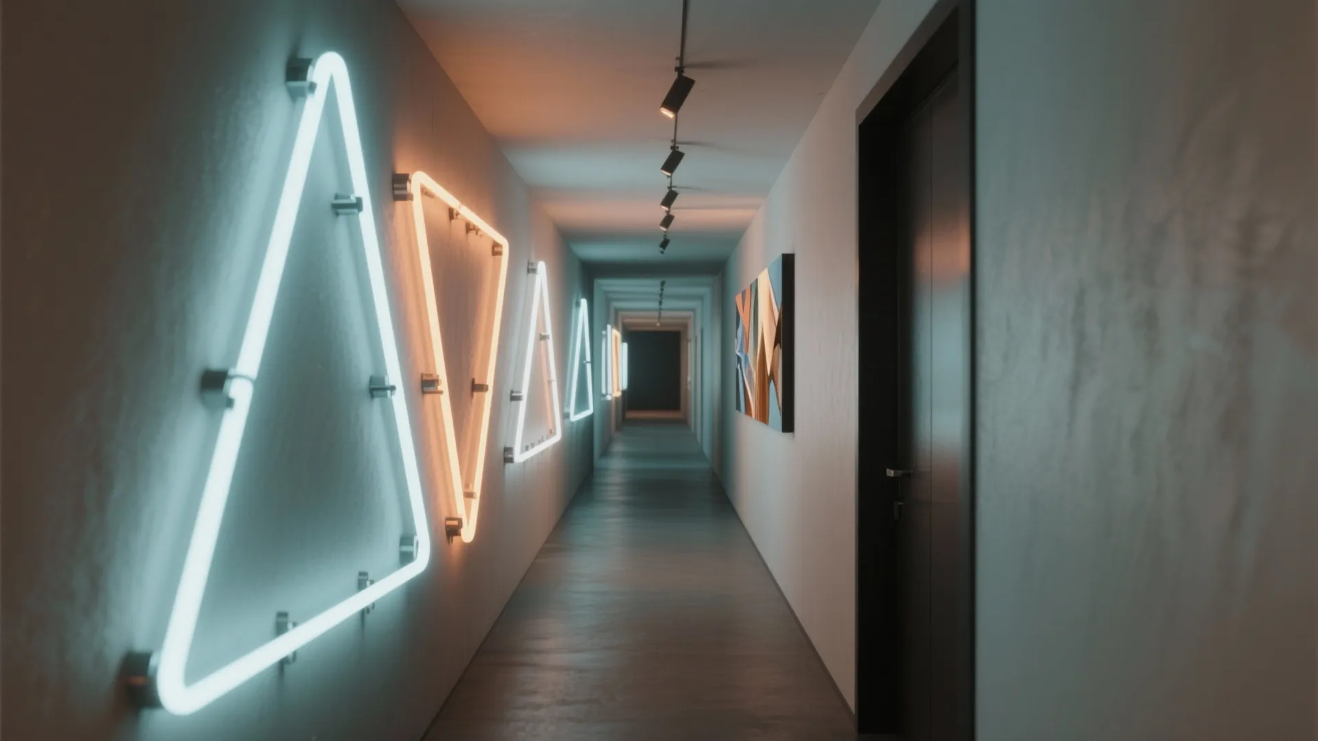 Narrow corridor with triangular LED neon flex shapes creating a modern art walk.
