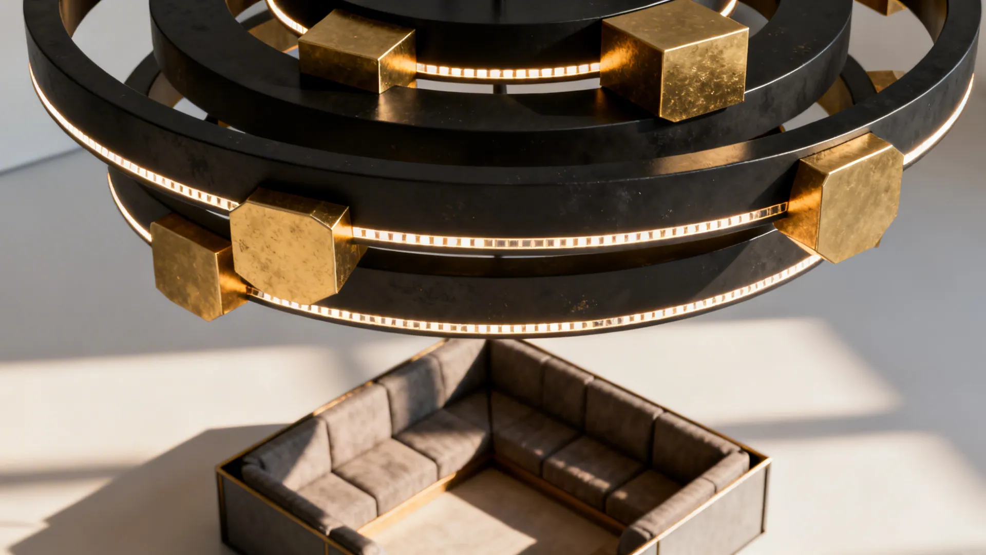 Sculptural geometric LED ceiling fixture with rings and hexagons above a small living room.