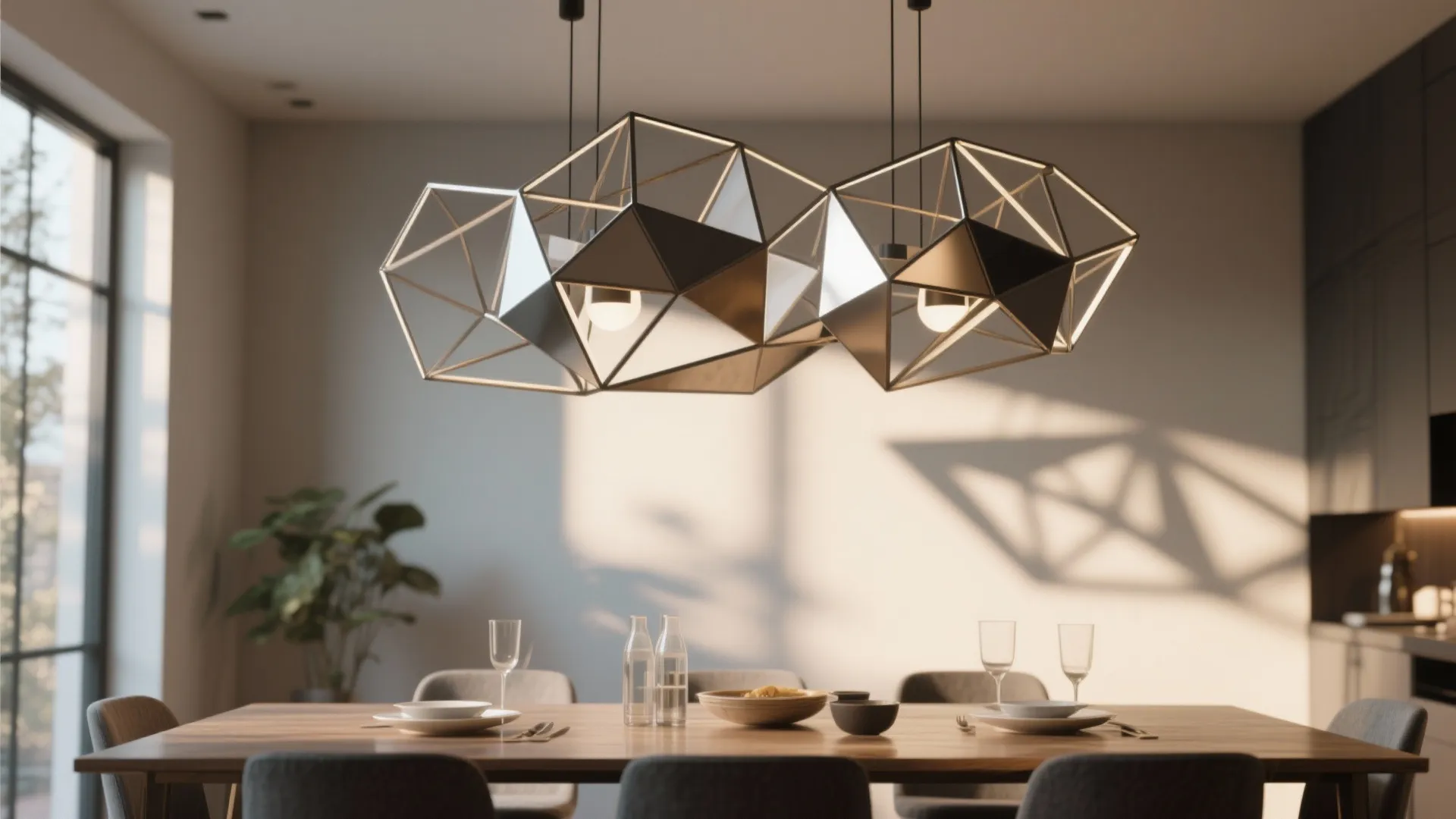 Polygonal frame dining lights casting geometric shadows