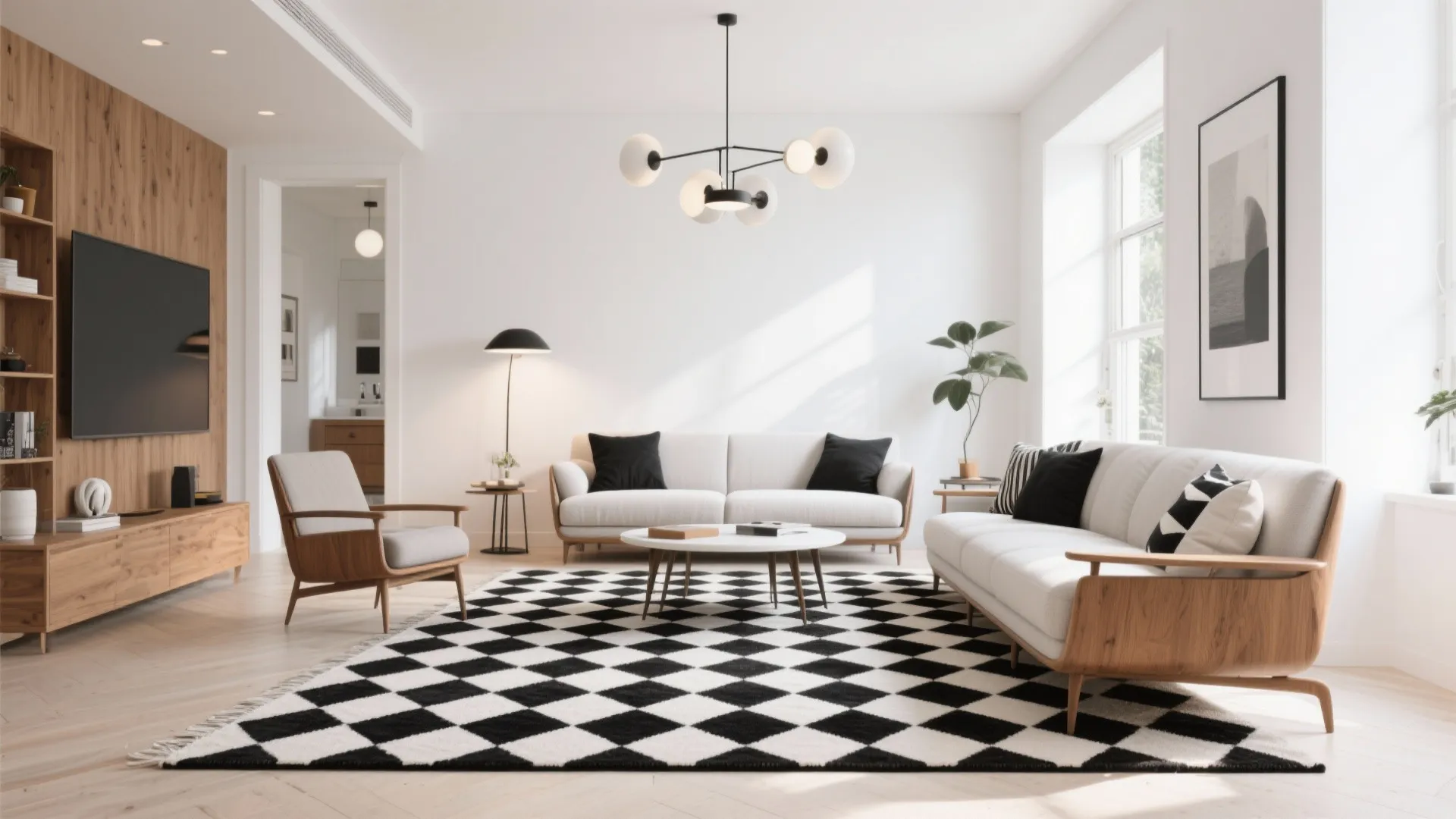 Modern living room featuring white sofas and a large black and white checkered rug on ground