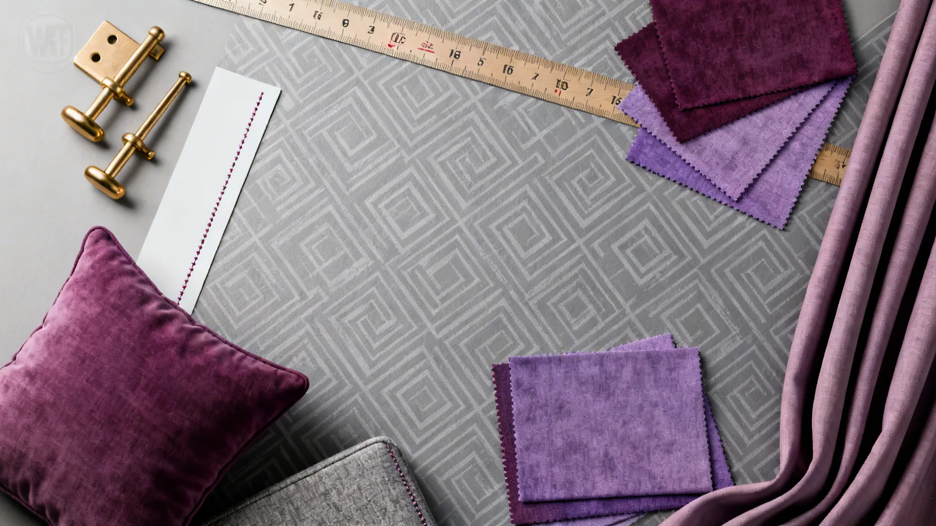 Flatlay of geometric gray wallpaper sample with purple fabric swatches and brass hardware sample.