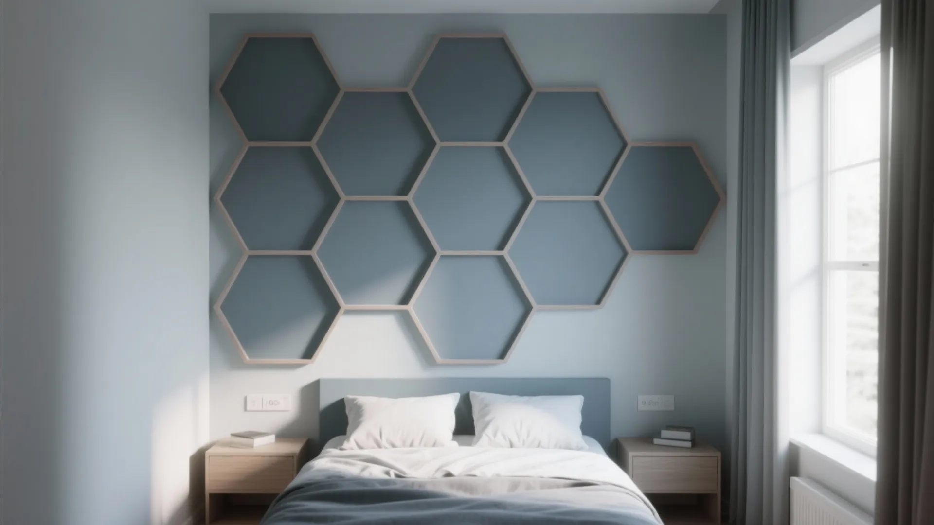 Modern bedroom with blue hexagon wall panels above a bed with white pillows and sideboards