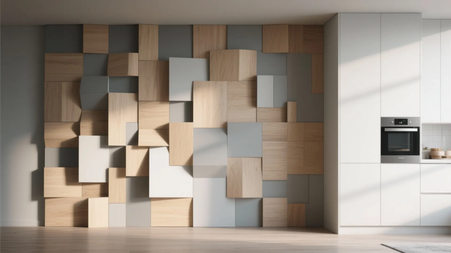 Modern kitchen featuring a 3D geometric wall with wood blocks next to white kitchen cabinets