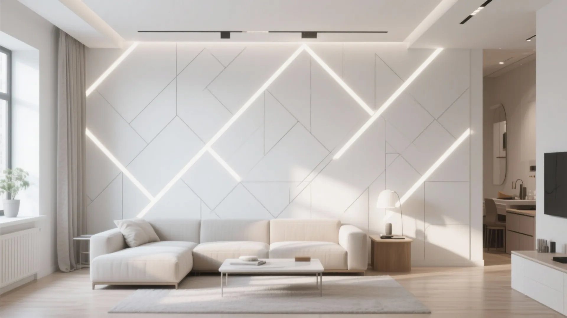 White living room with geometric wall panel featuring bright light strips and a white sofa