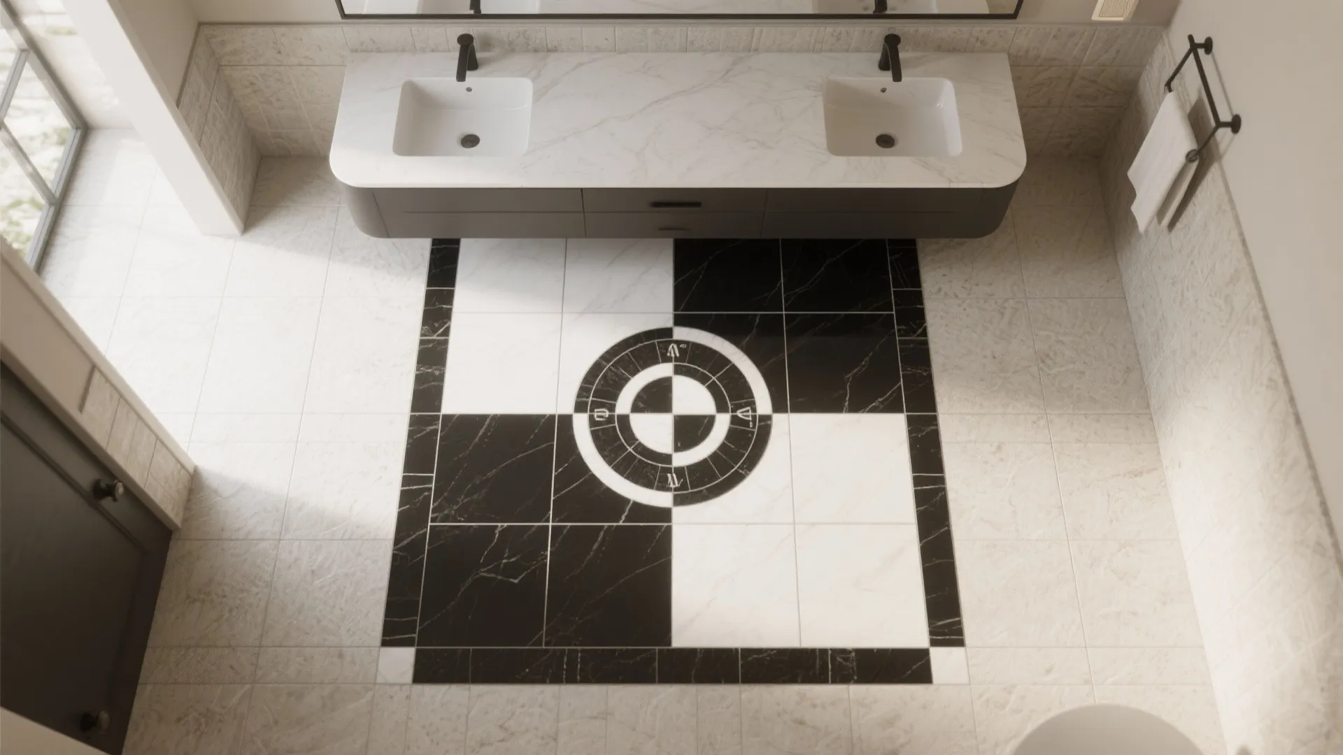 Top-down view of a bathroom floor with a central black-and-white geometric medallion surrounded by plain tiles.