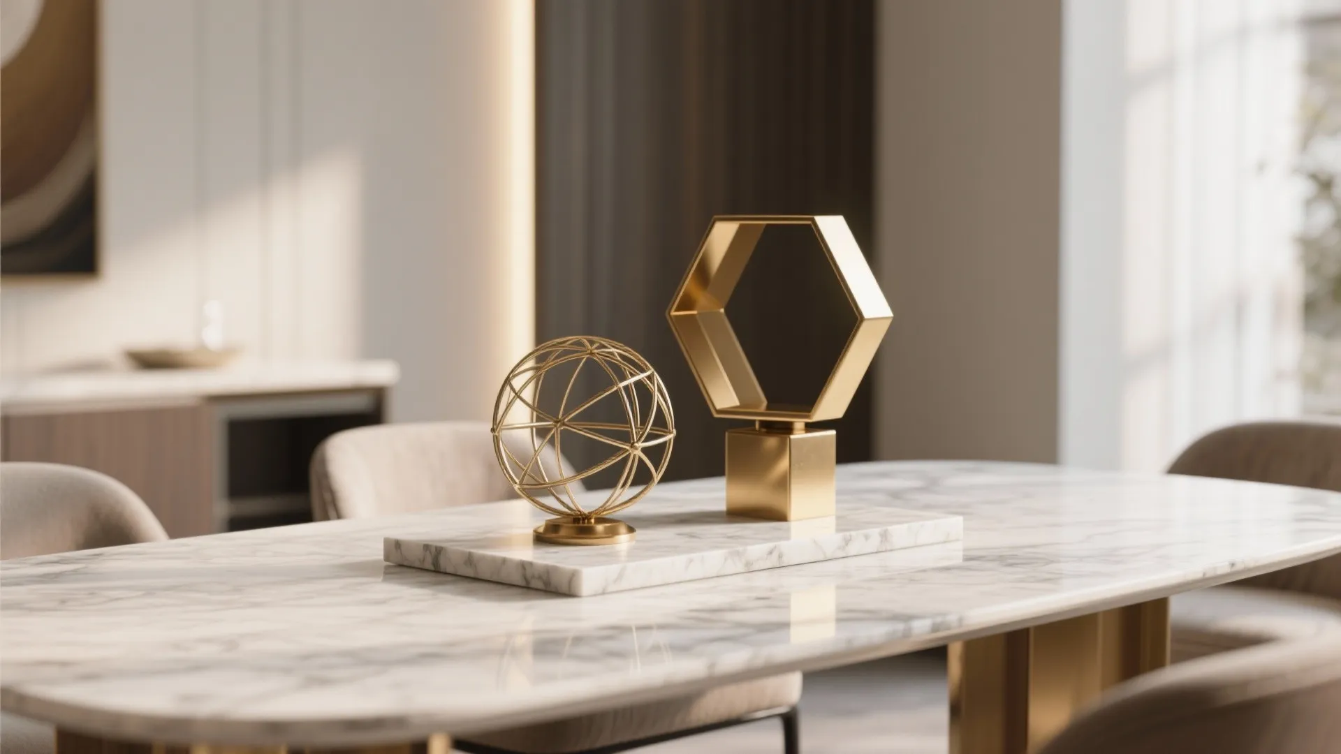 Brass and wire geometric objects on marble slab centerpiece