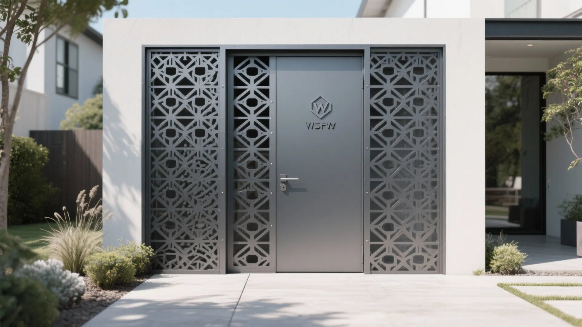 Modern grey metal front door with decorative geometric side panels on a clean white house exterior