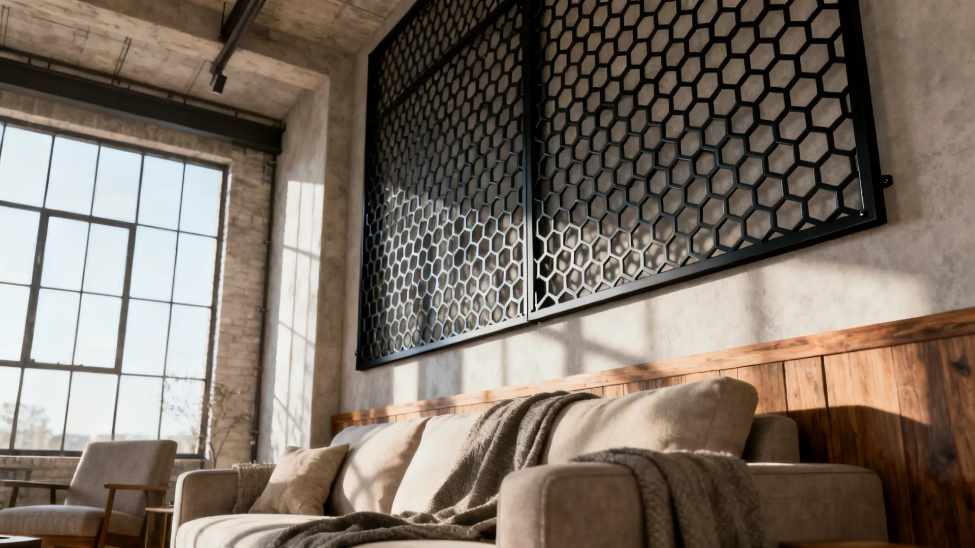 Modern living room with beige sofa and black honey comb wall panels under natural light