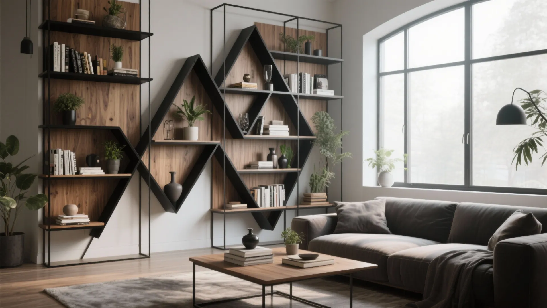 Living room with grey sofa geometric black metal wall shelves large window plants and coffee table