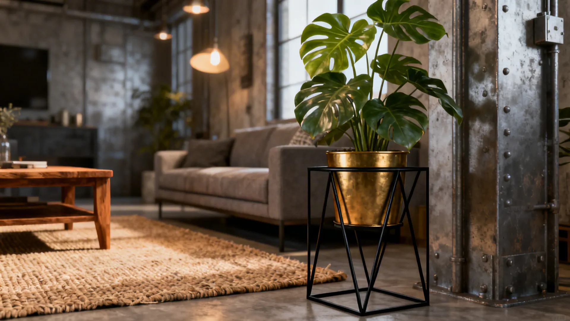 Black geometric metal plant stand with monstera next to woven rug and wooden side table