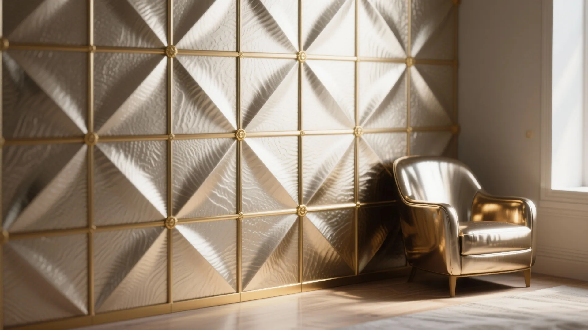 Gold armchair placed next to luxury metallic wall panel featuring a geometric three dimensional diamond pattern