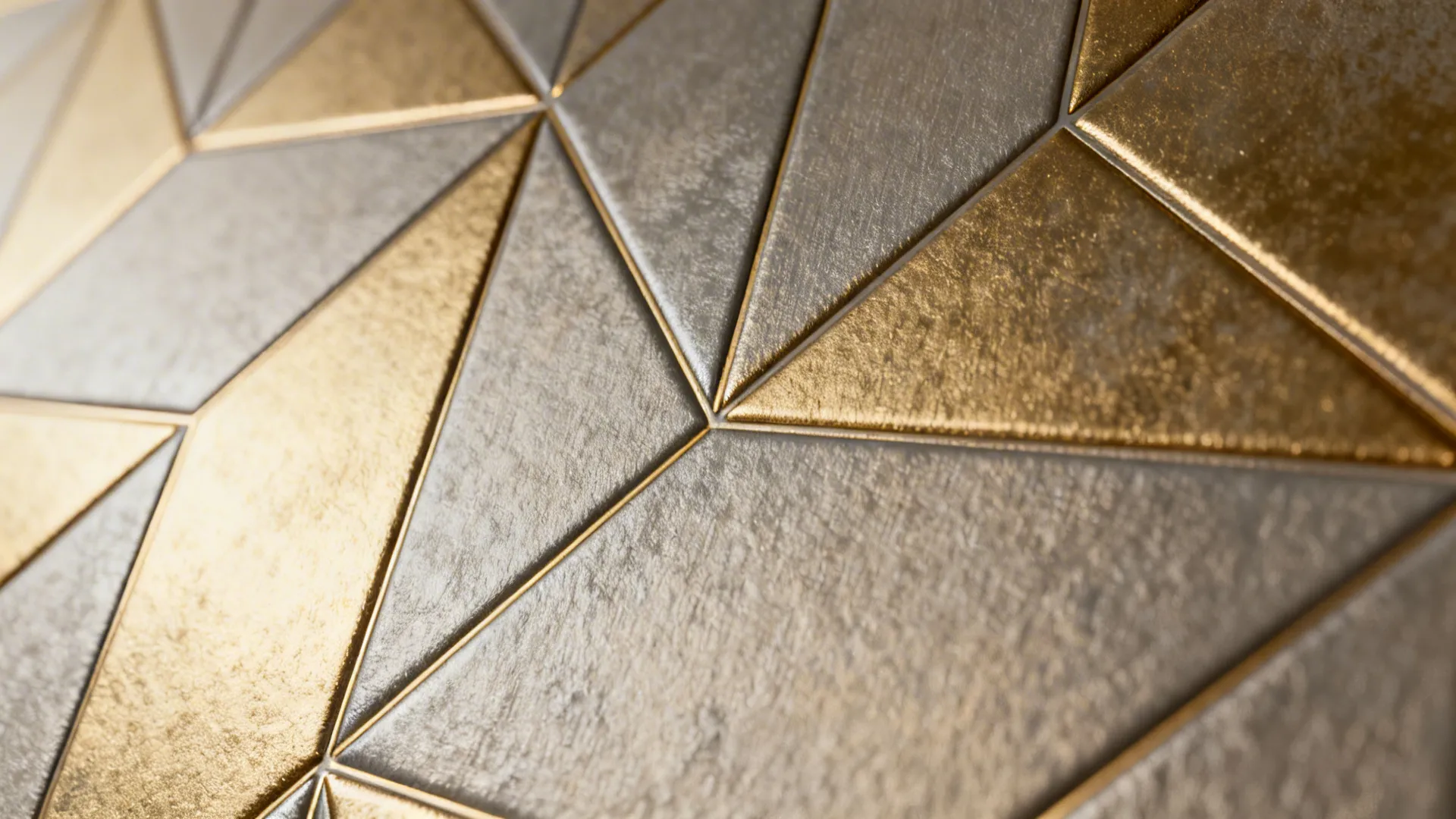 Macro detail of geometric 3D wallpaper with soft metallic highlights and realistic texture