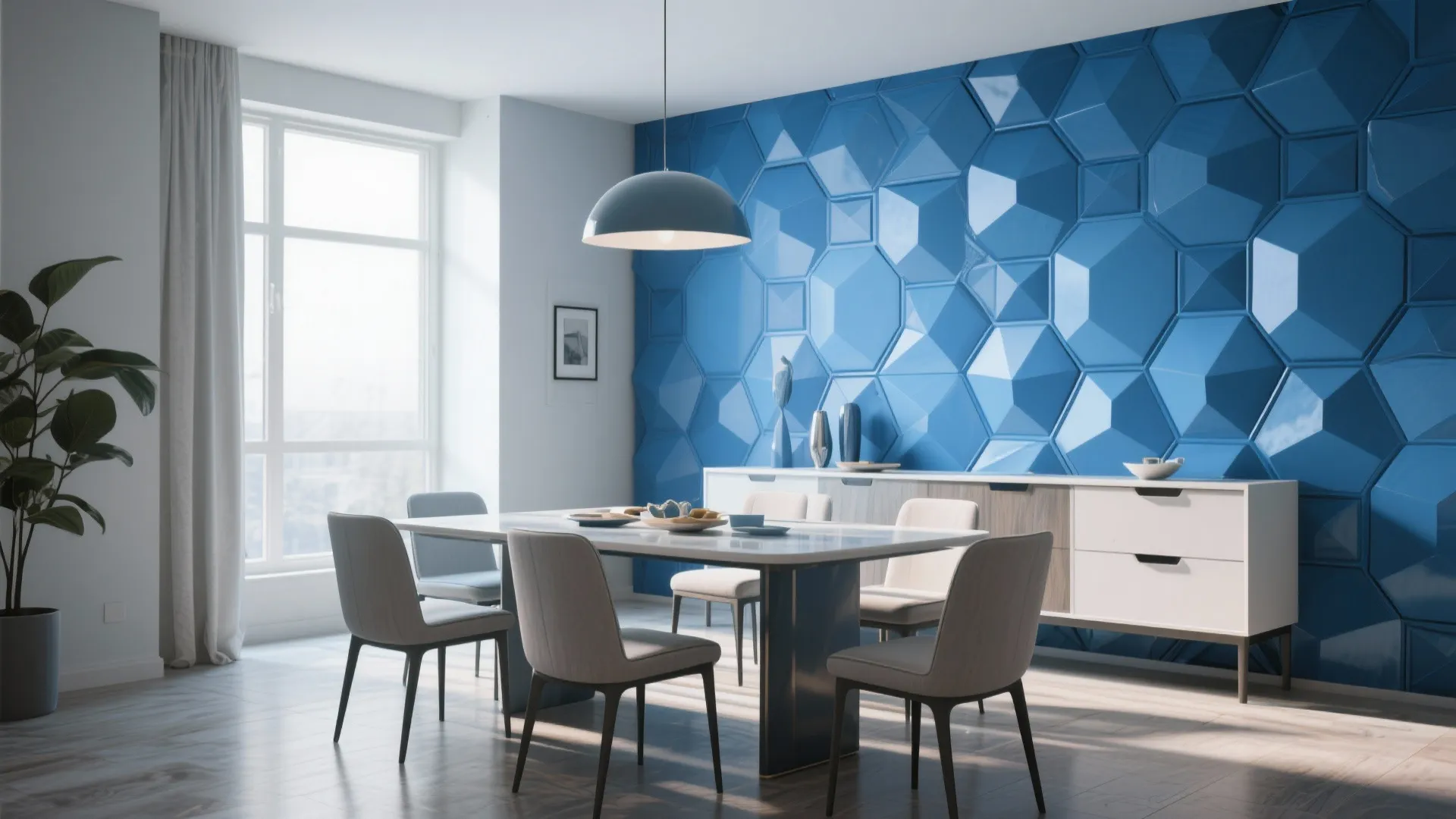 Modern dining area with mid-blue geometric hexagon wallpaper behind a buffet.