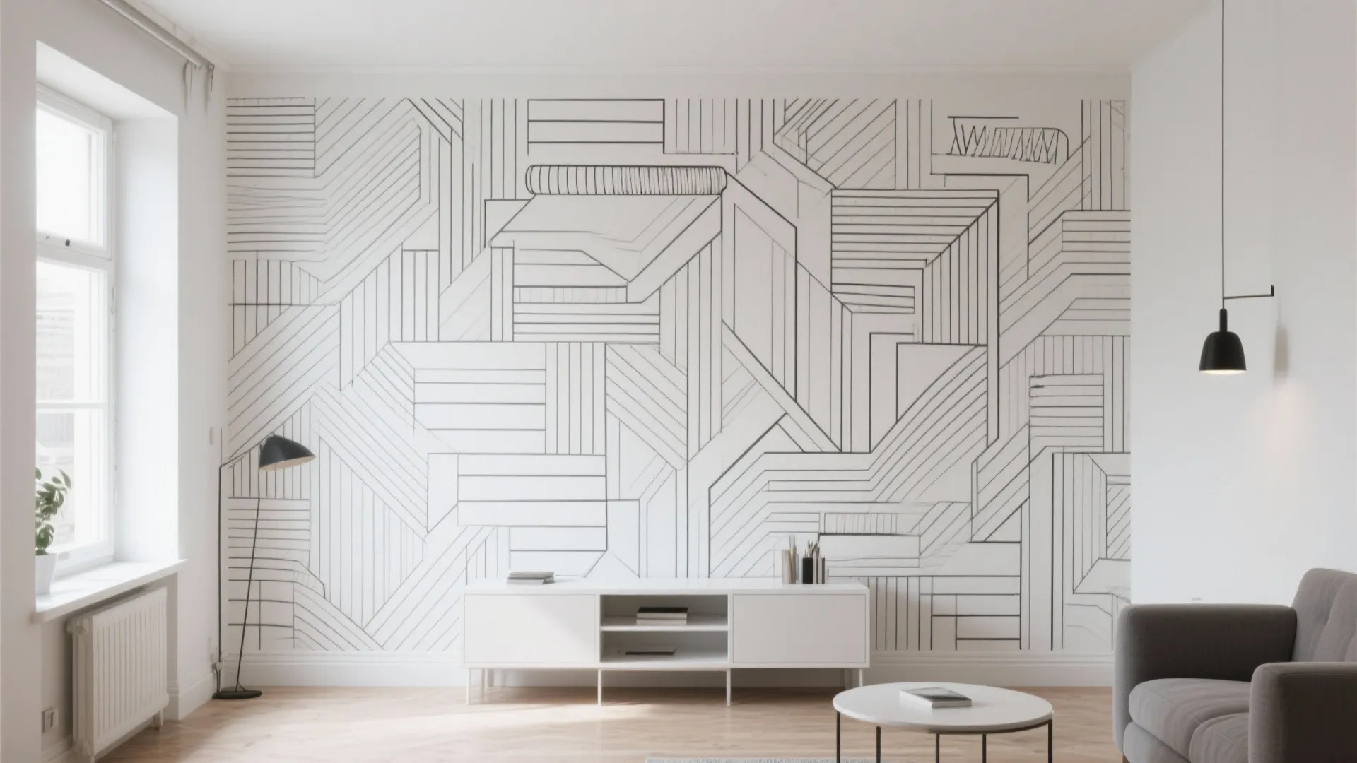 Minimalist studio with geometric roller accent wall