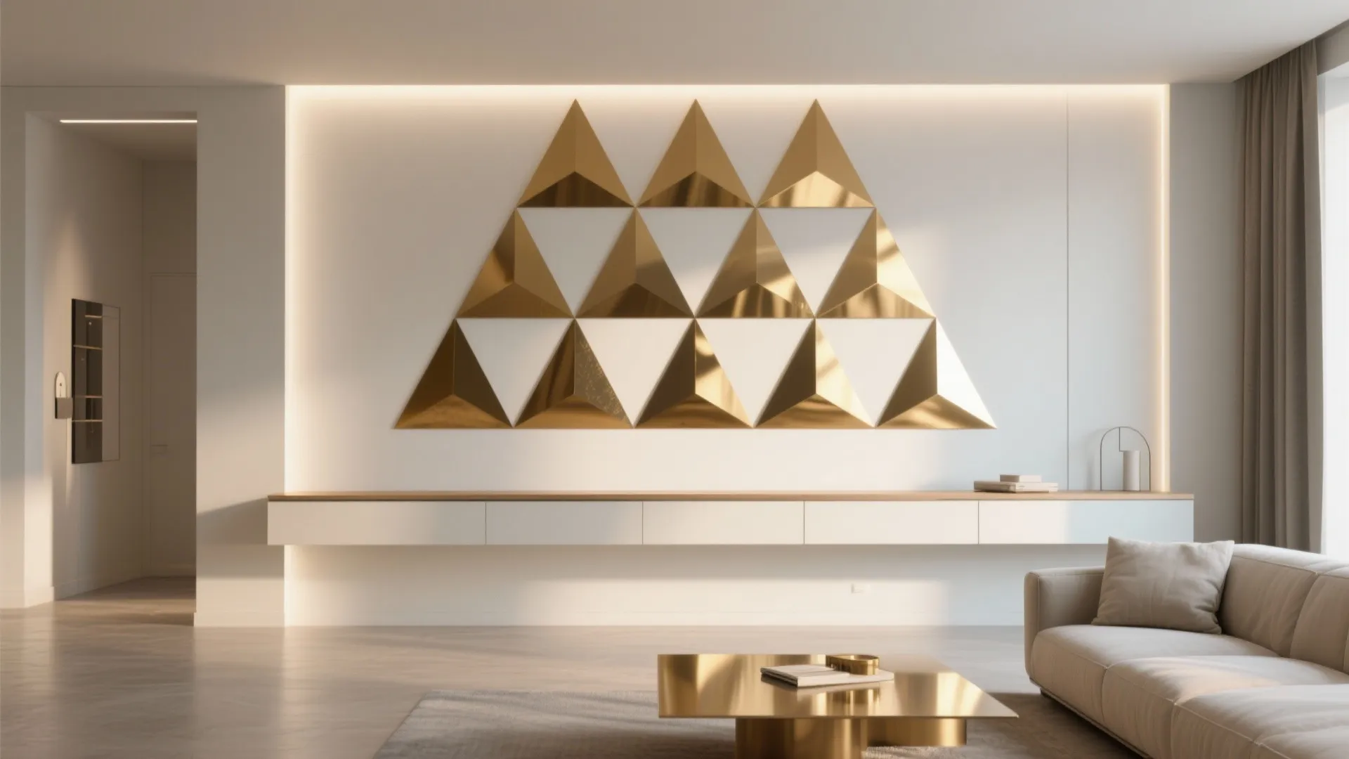 Minimalist living room with gold triangle wall art above long white wall cabinet and sofa