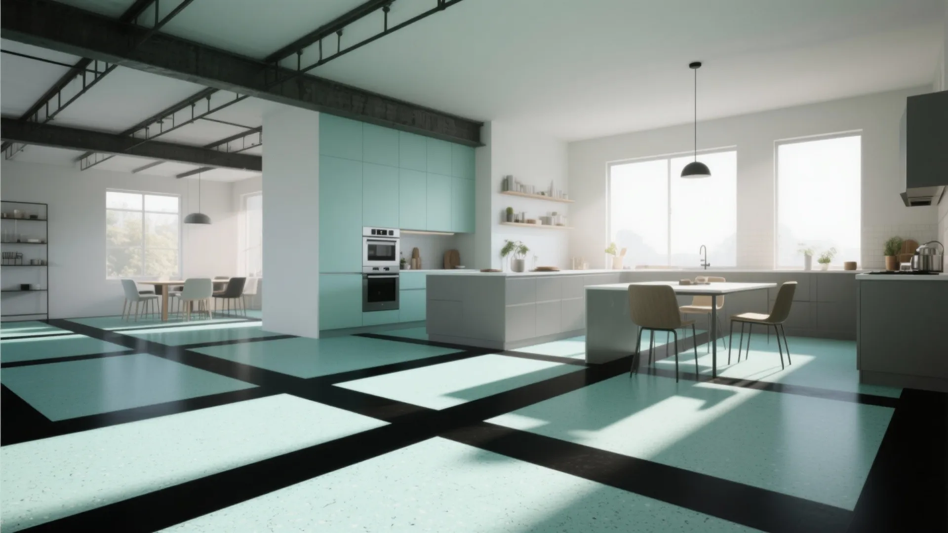Loft kitchen with high-contrast black geometric lines on pale mint Marmoleum floor