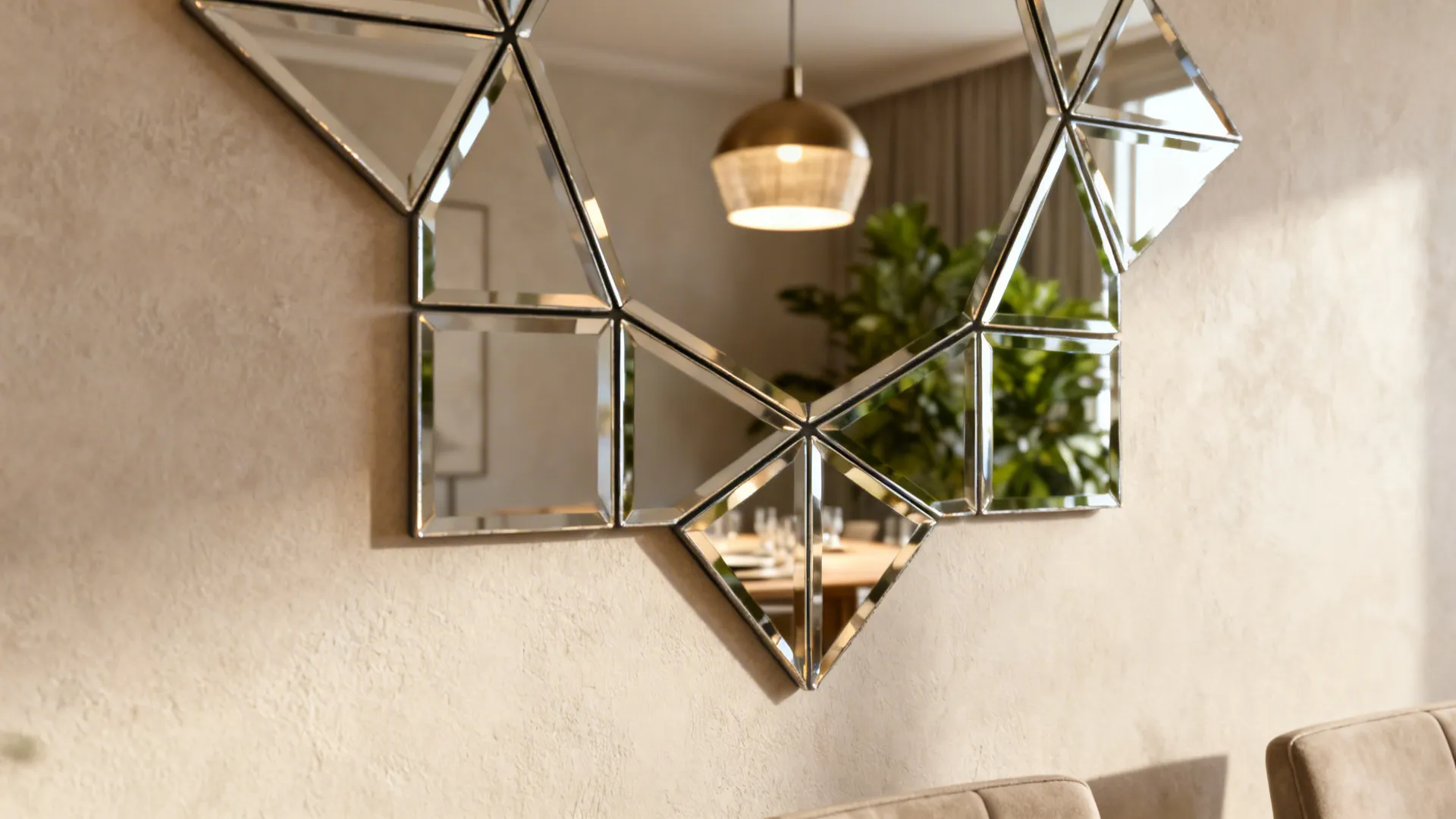 Close-up of geometric mirror tiles creating textured reflections in a dining room