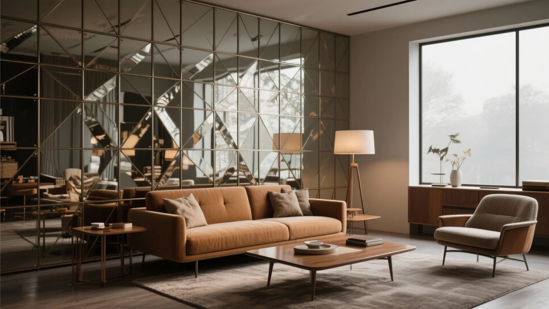 Living room featuring large geometric mirror wall behind orange sofa and a wooden coffee table