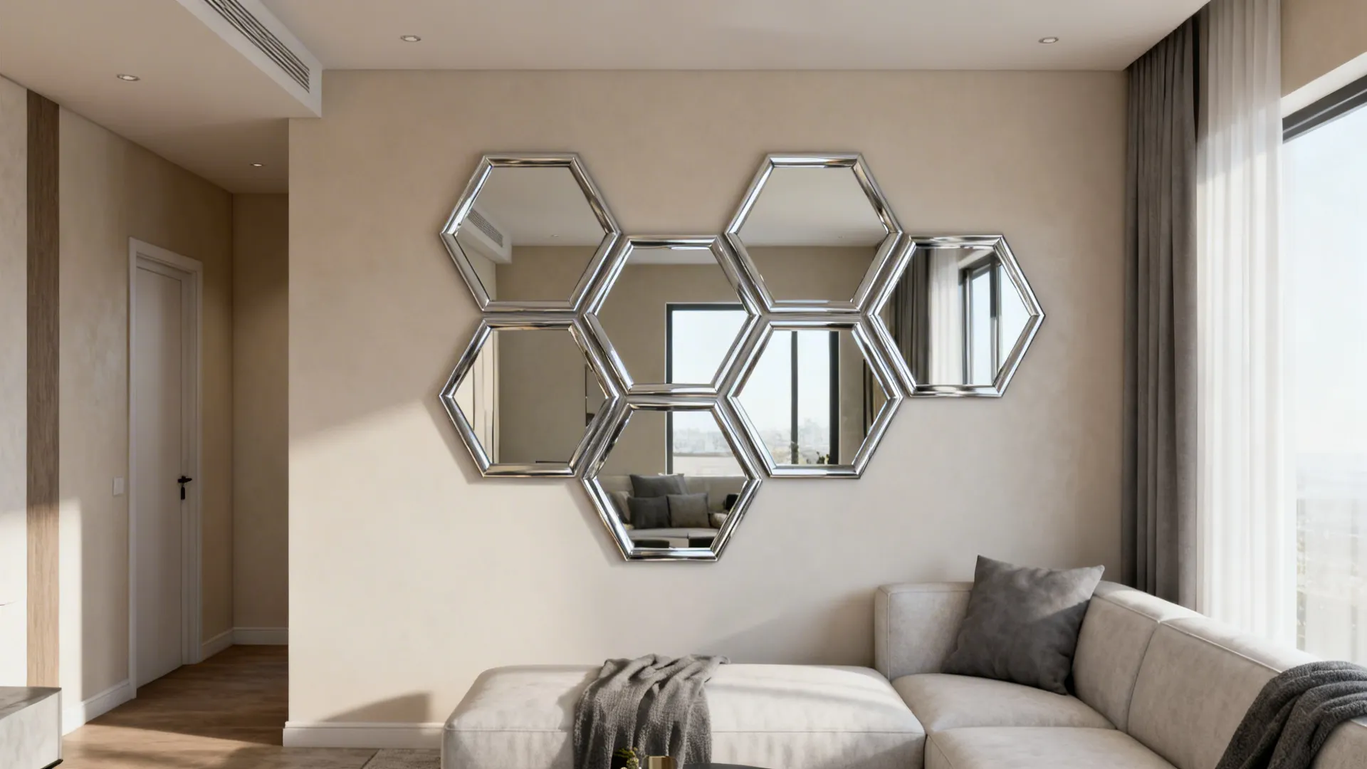 Small living room with staggered hexagon mirror panels in silver frames reflecting natural light and expanding space.