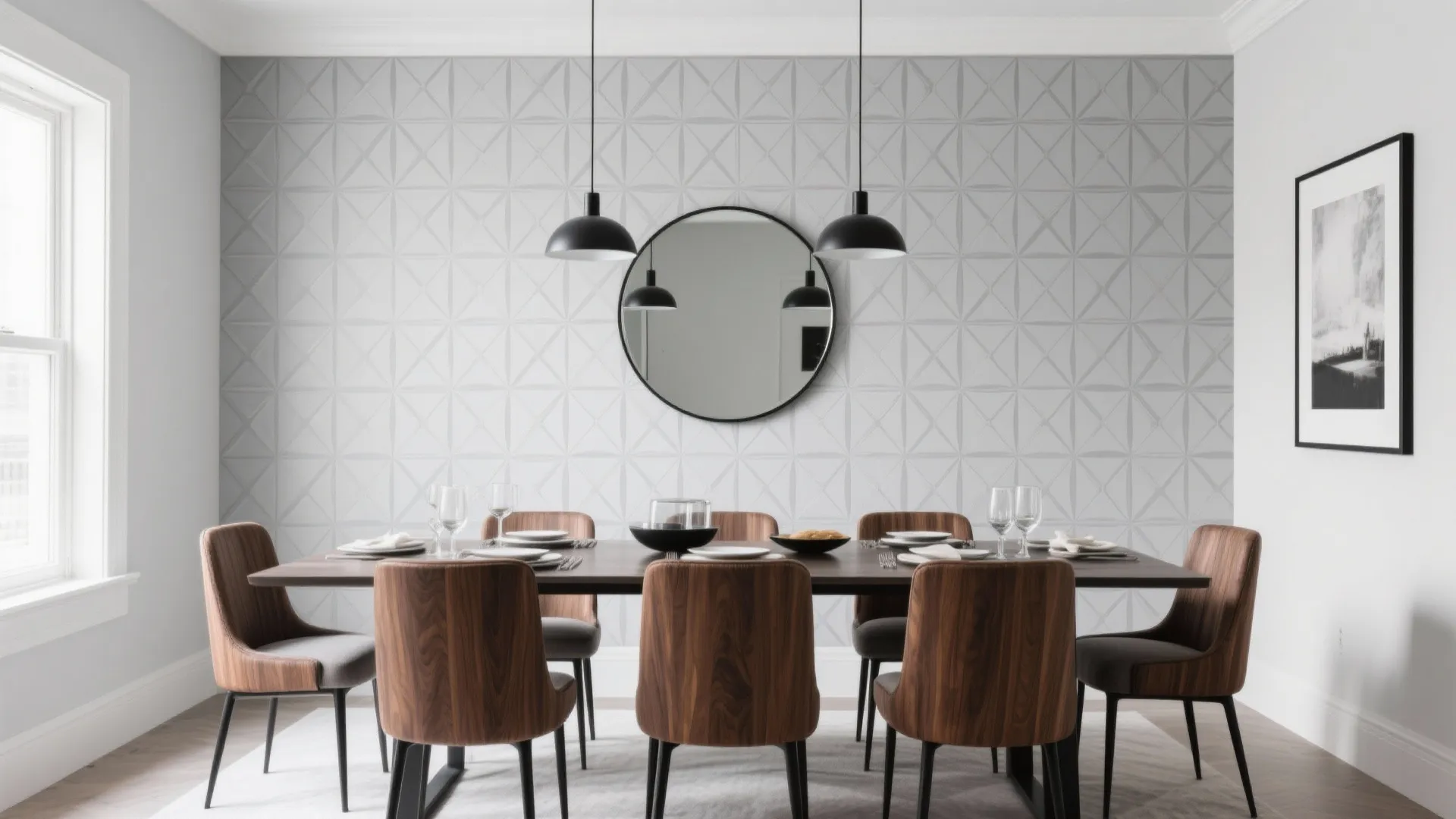 Modern dining room with wooden table, eight chairs, geometric wallpaper, mirror, and black ceiling lights