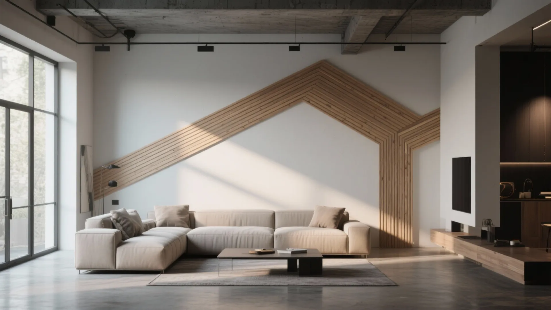 Modern loft with asymmetrical thin wood strip wall molding