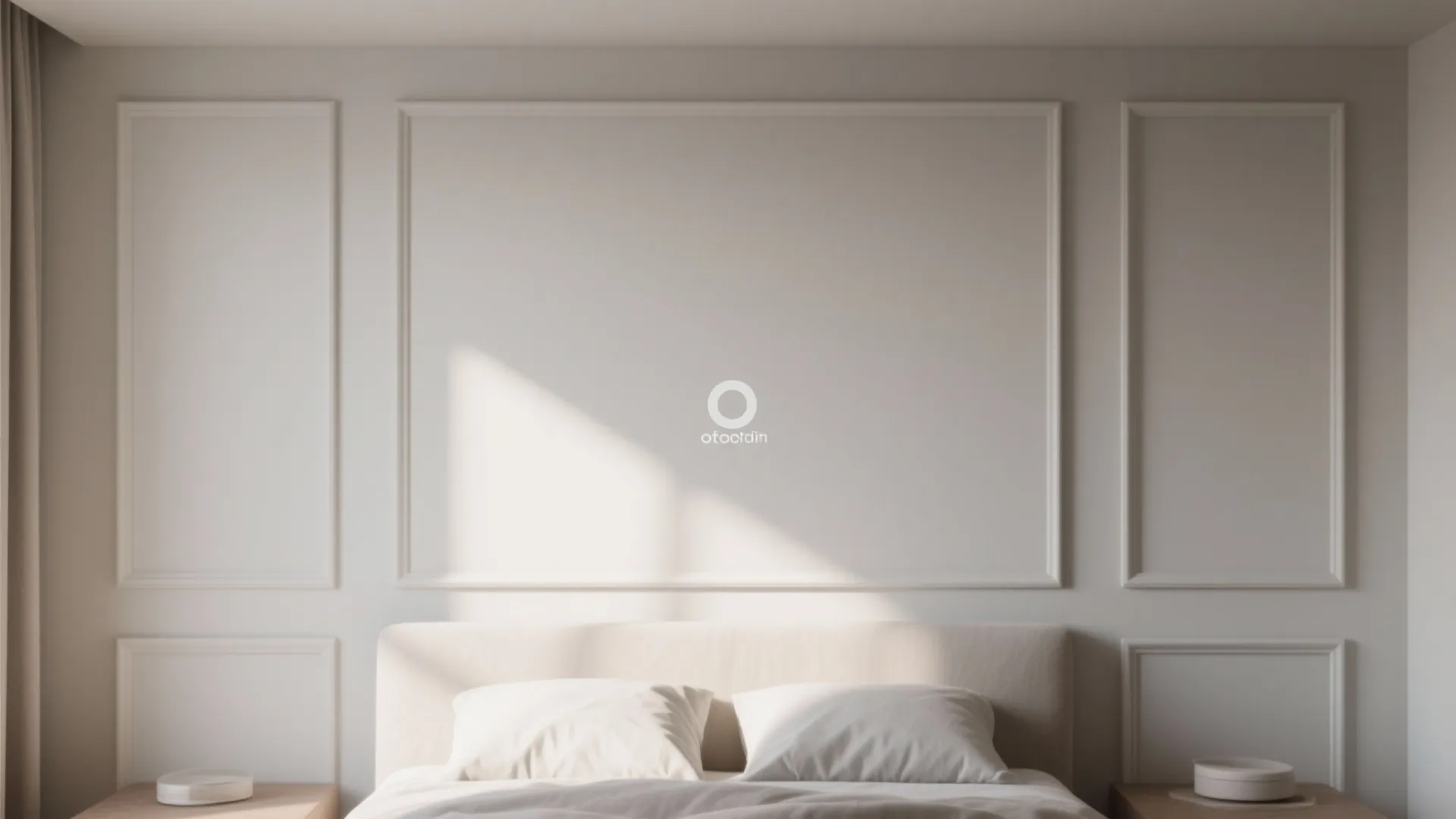 Minimalist beige bedroom featuring white wall panel design with a comfortable bed and natural sunlight