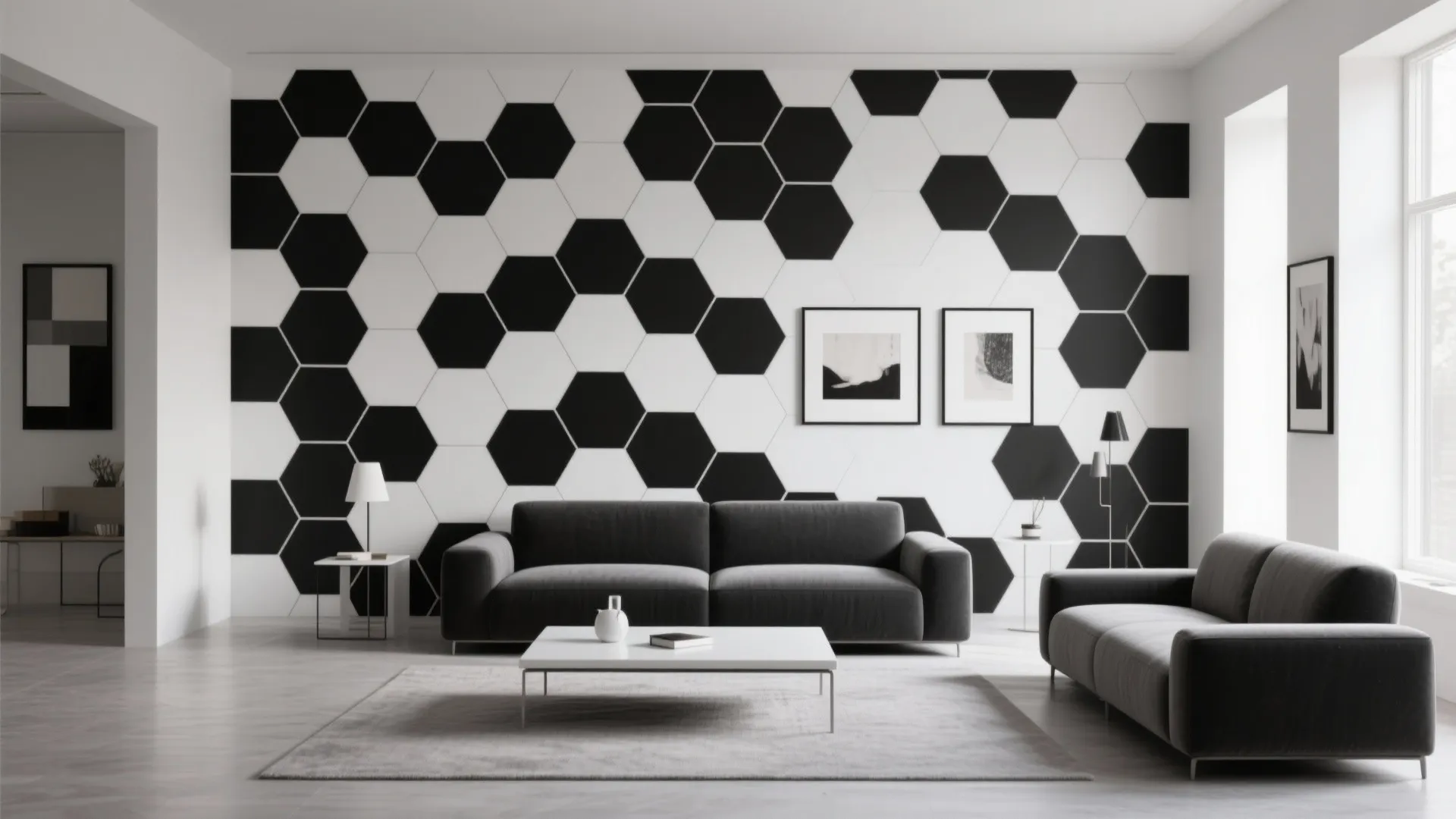 Minimalist living room with bold black-and-white geometric wallpaper