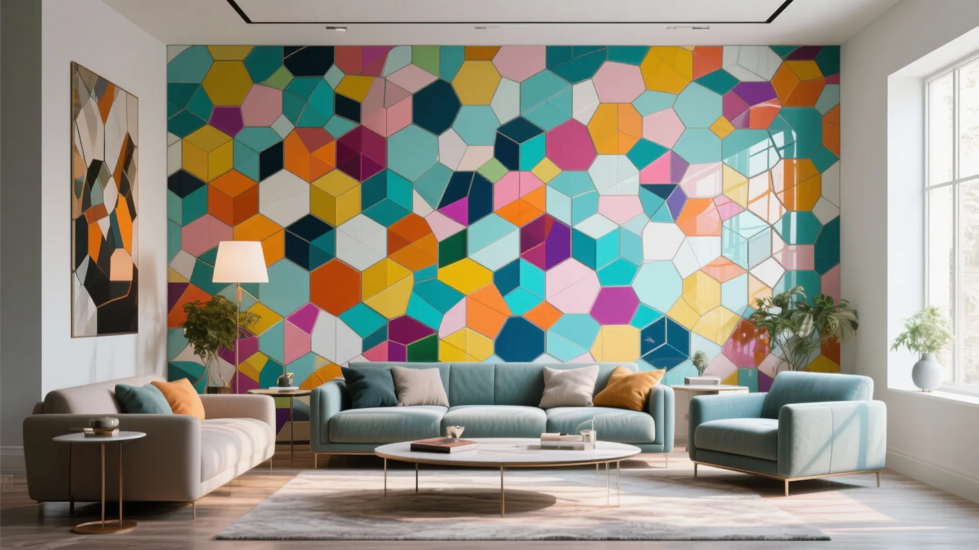 Colorful living room featuring honeycomb pattern wall blue sofa armchairs and white round coffee table