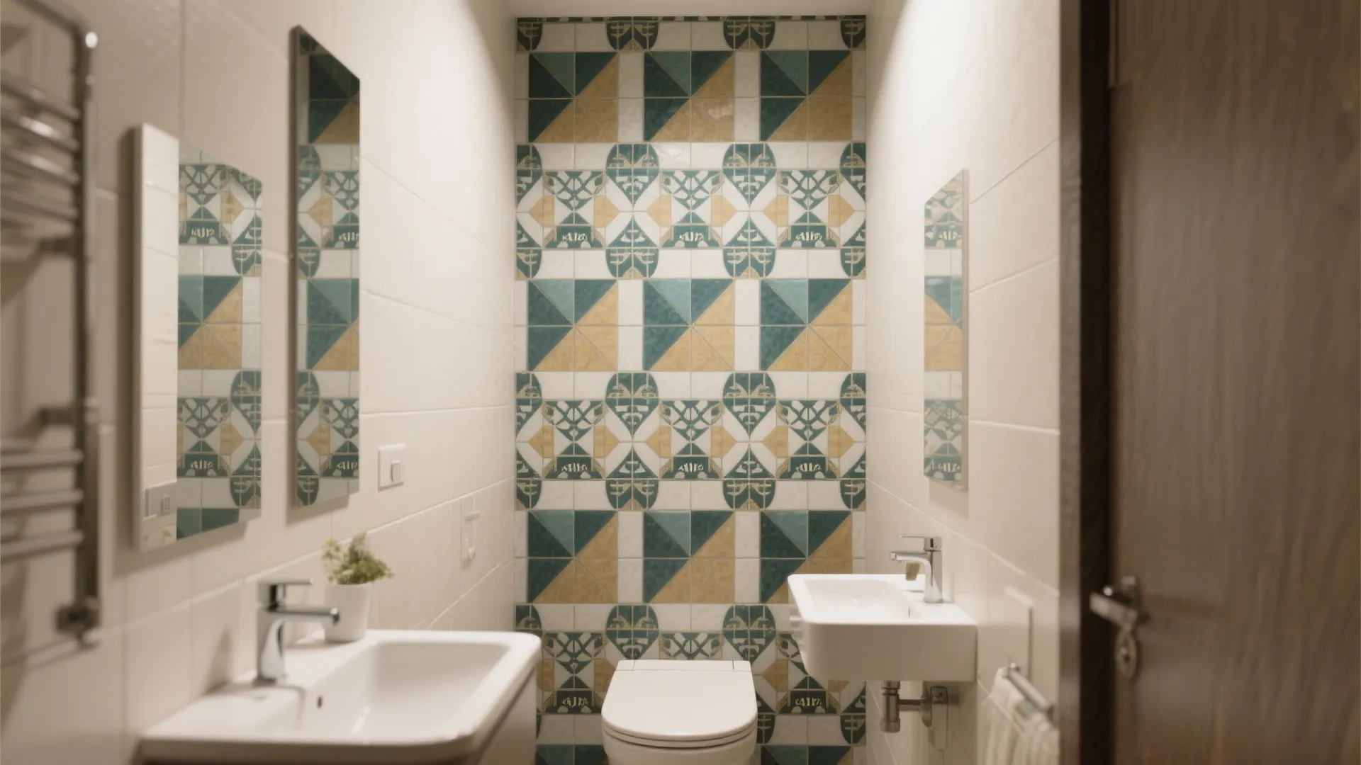 Small bathroom with green and yellow geometric wall tiles white toilet two sinks and mirrors