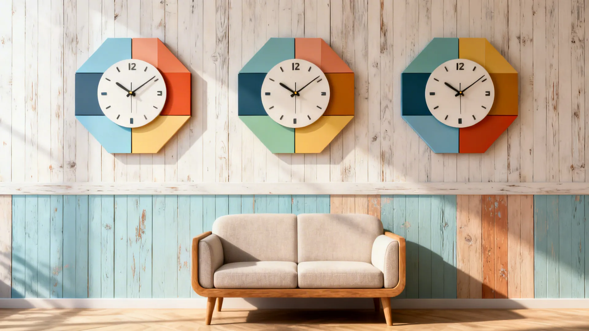 Geometric multi-panel clock panels arranged above a small sofa, painted MDF panels with accent colors.