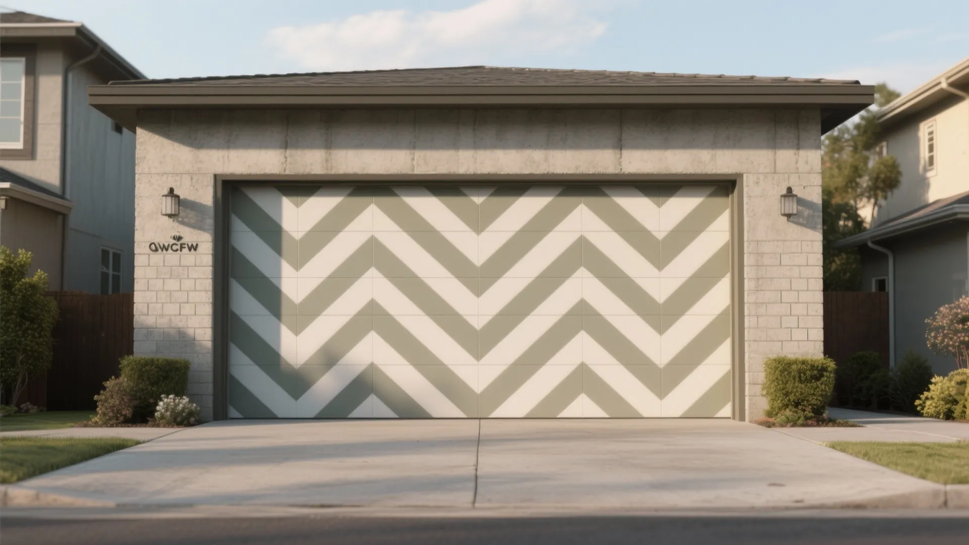 Modern garage exterior with a white and grey chevron pattern painted on the main door