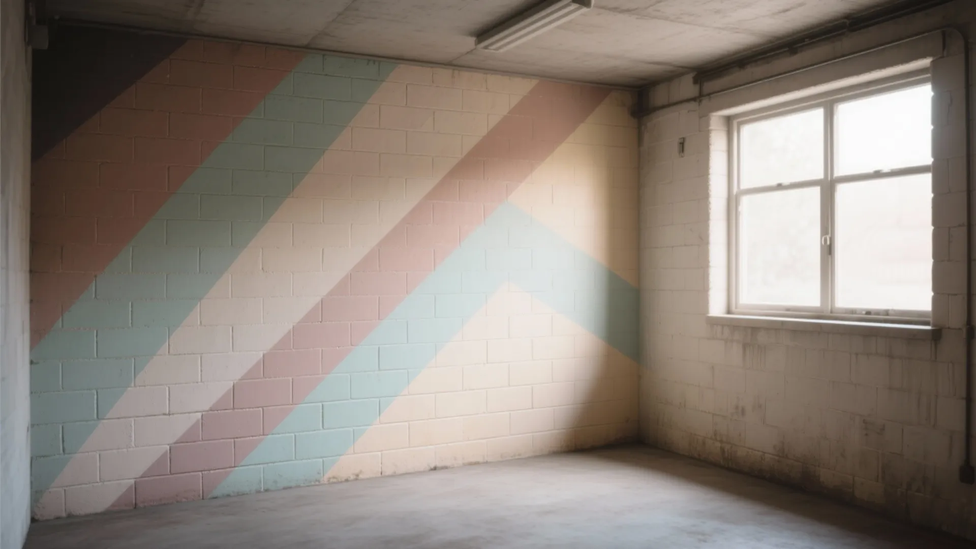 Empty room featuring colorful geometric wall mural painted on white bricks next to a window