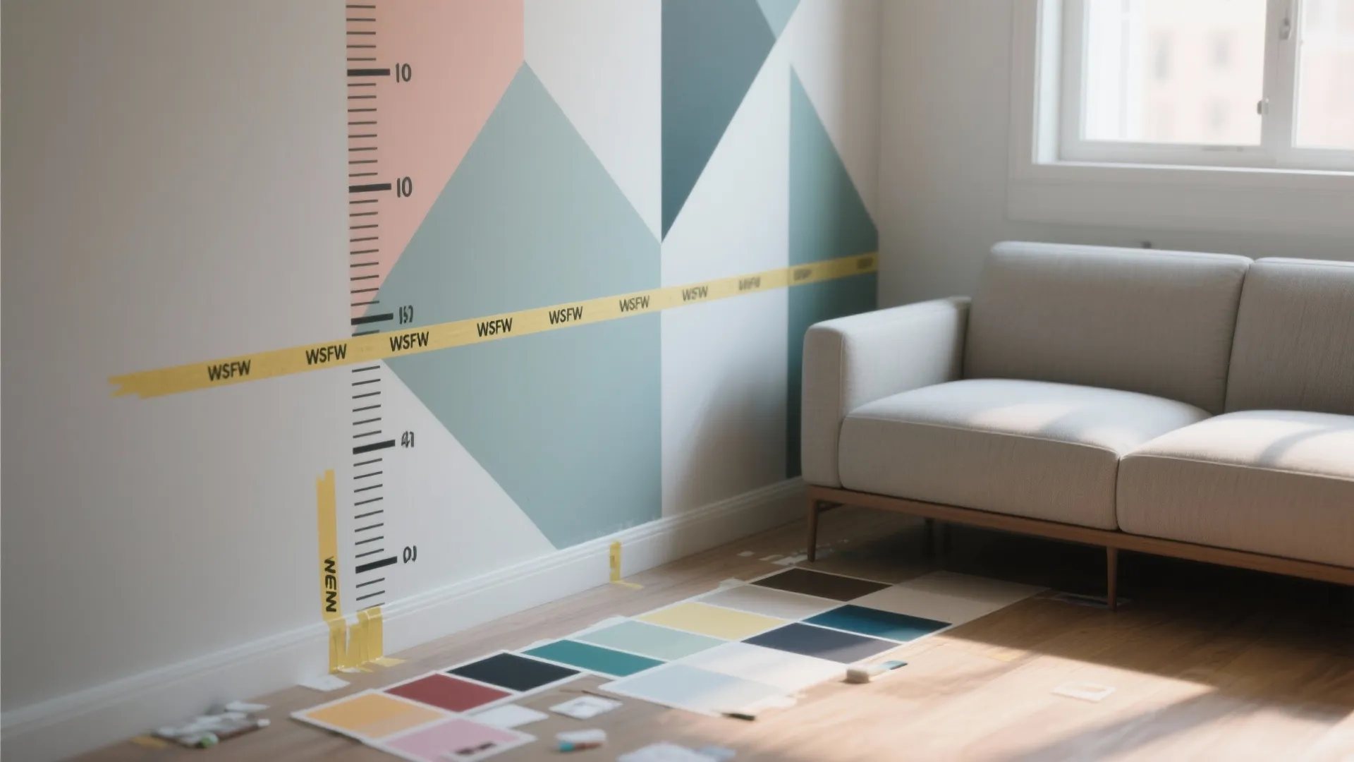Interior design drawing showing geometric wall paint process with yellow tape and colorful color swatches