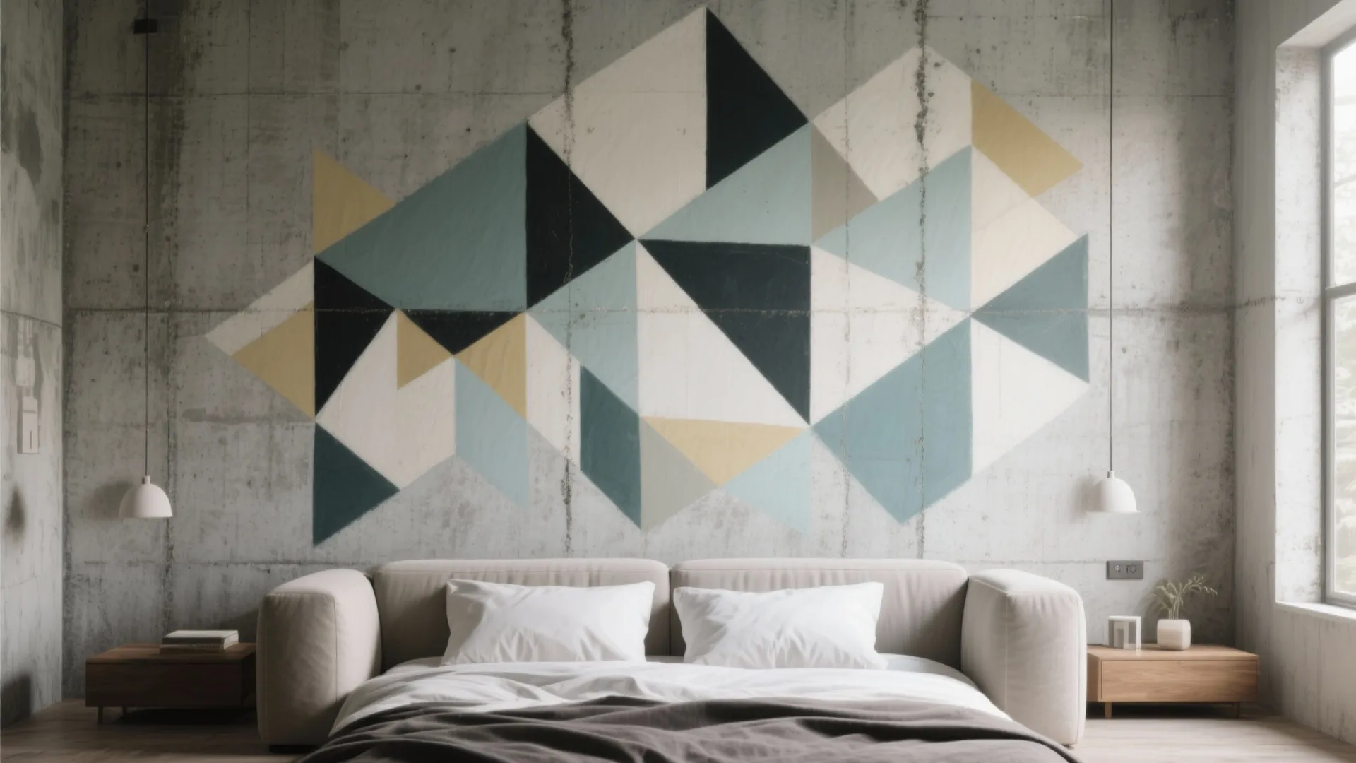 Bedroom with colorful geometric wall design white bed sheets wooden side tables and light fixtures