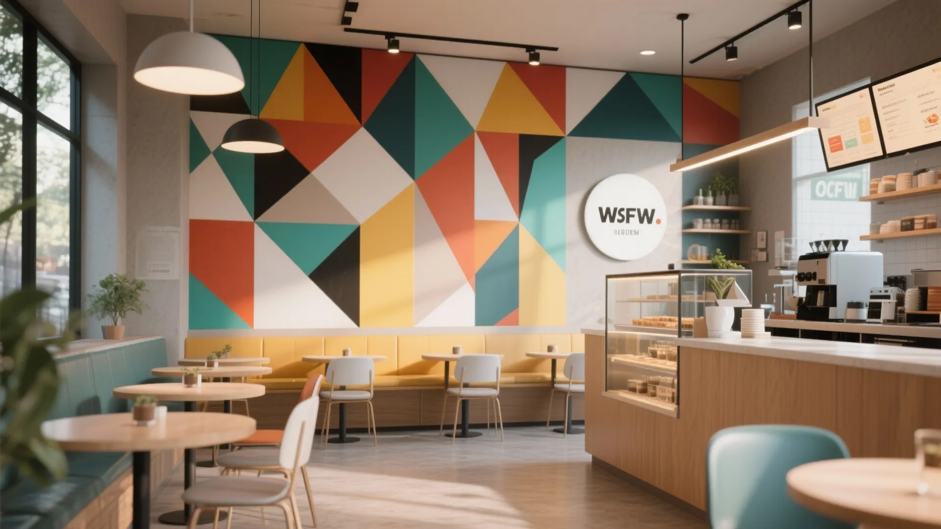 Modern cafe with colorful geometric wall mural yellow bench seating wood tables and white ceiling lights