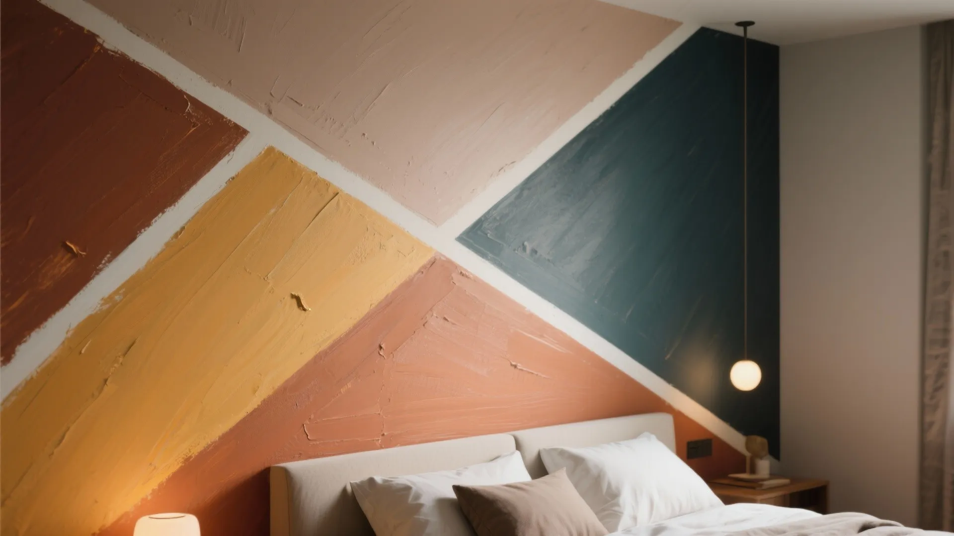 Bedroom wall with colorful geometric painted triangles above white bed with pillows and soft light