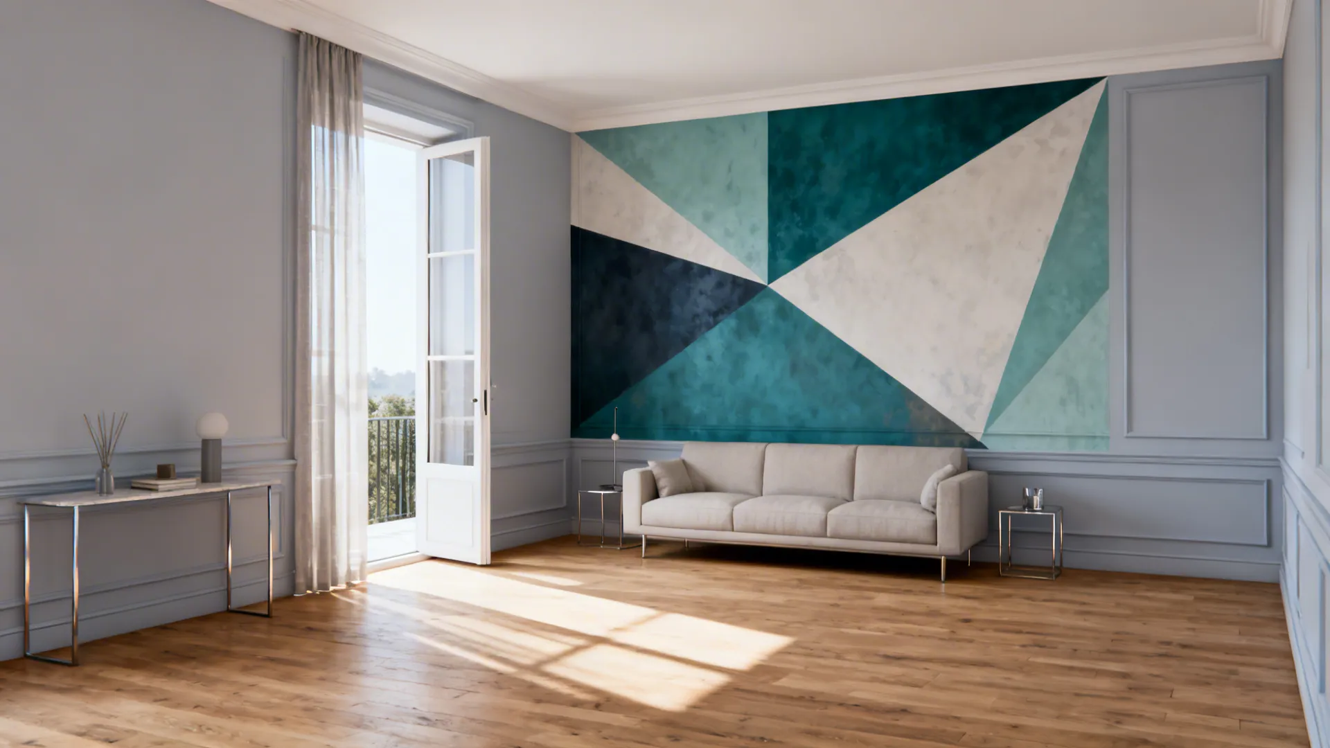 Living room with a pale grey backdrop and a bold geometric mural in muted jewel tones