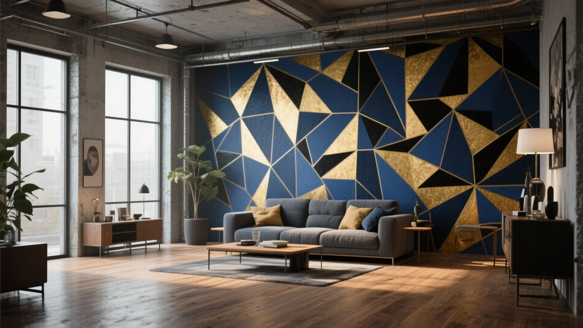 Open-plan loft with bold navy and gold geometric mural