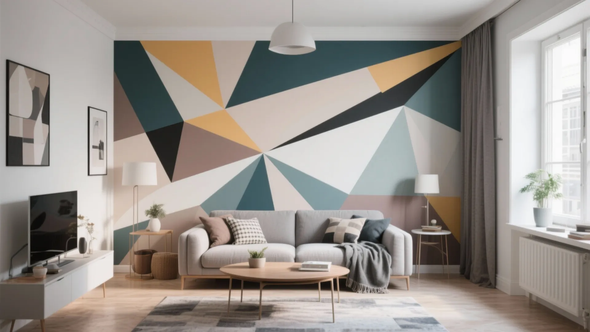 3. Geometric mural for modern small spaces