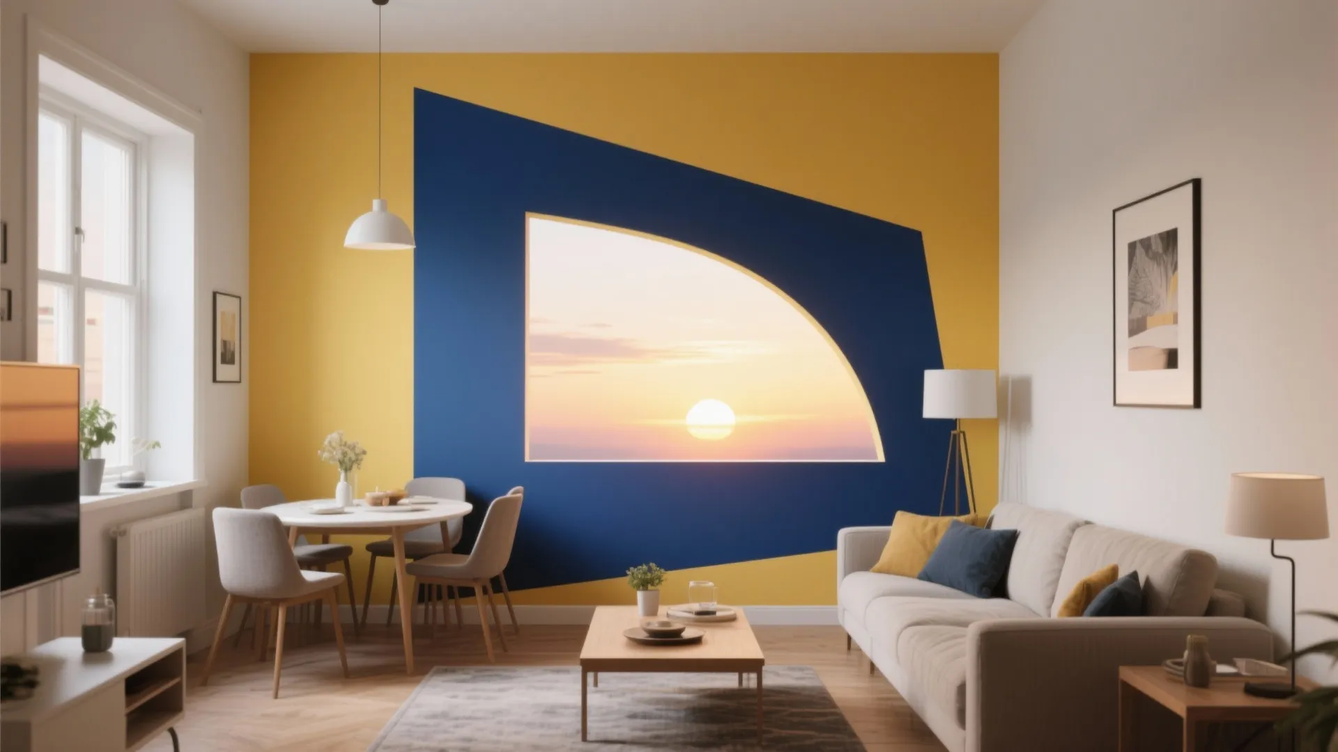 2) Bold Geometric Murals That Zone a Room