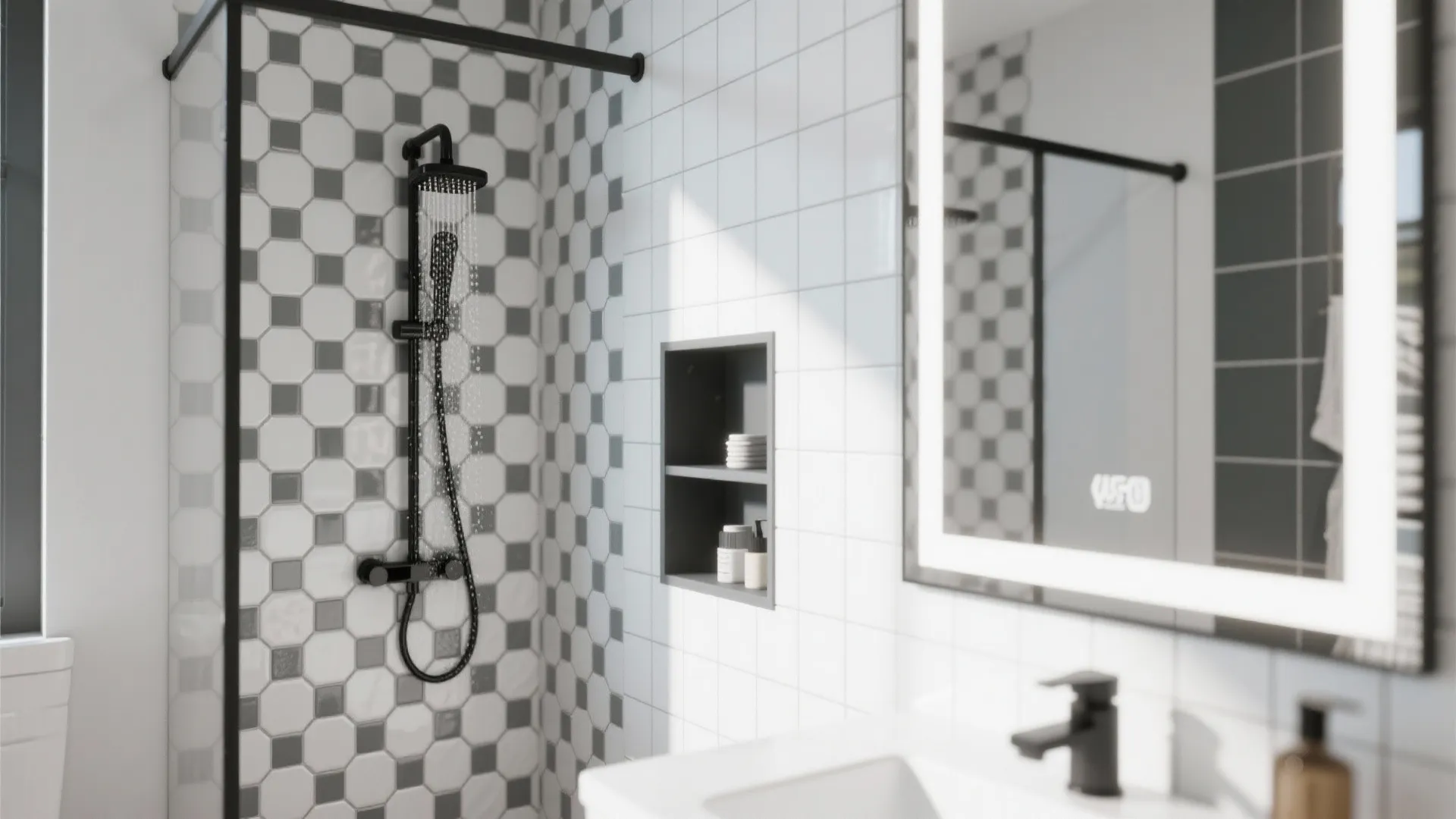 Modern bathroom featuring black shower head grey patterned tiles built in wall shelf and mirror