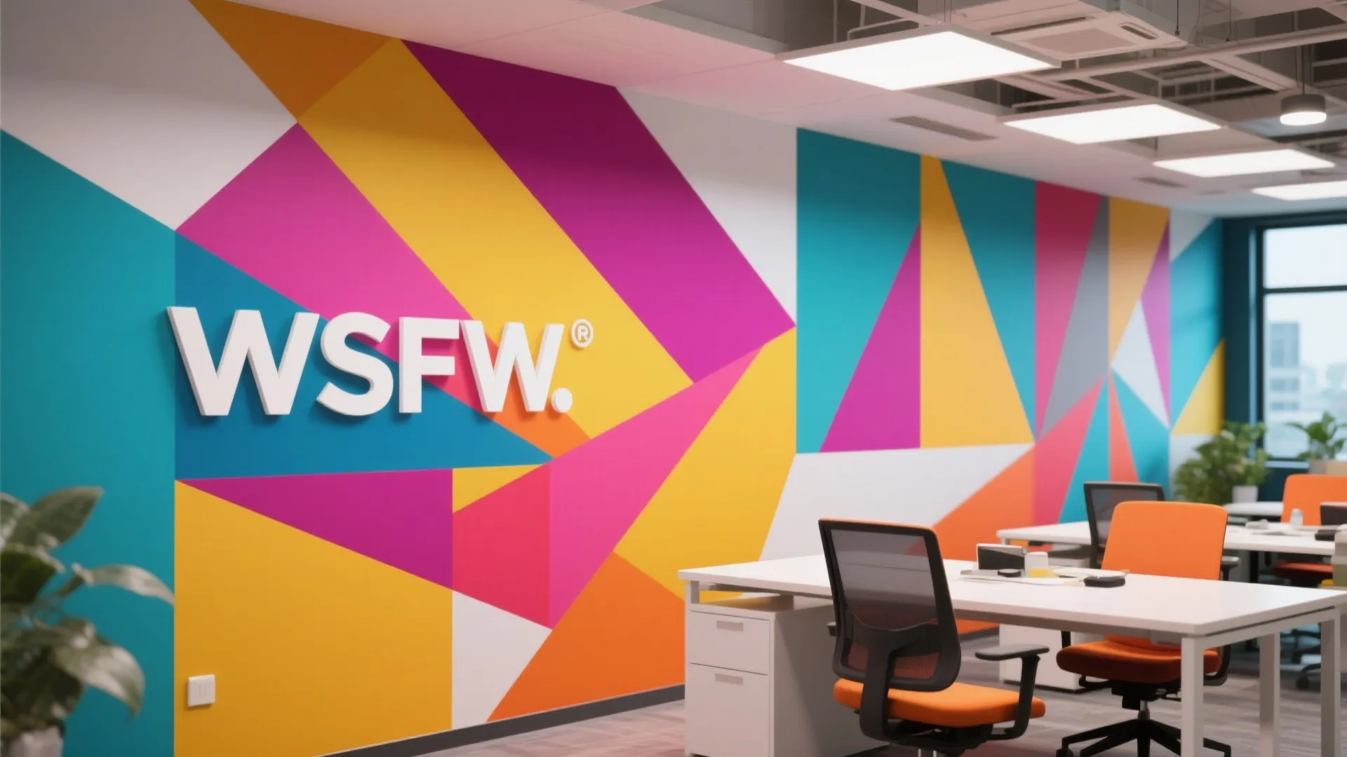 Office wall mural with bold geometric shapes in vibrant colors