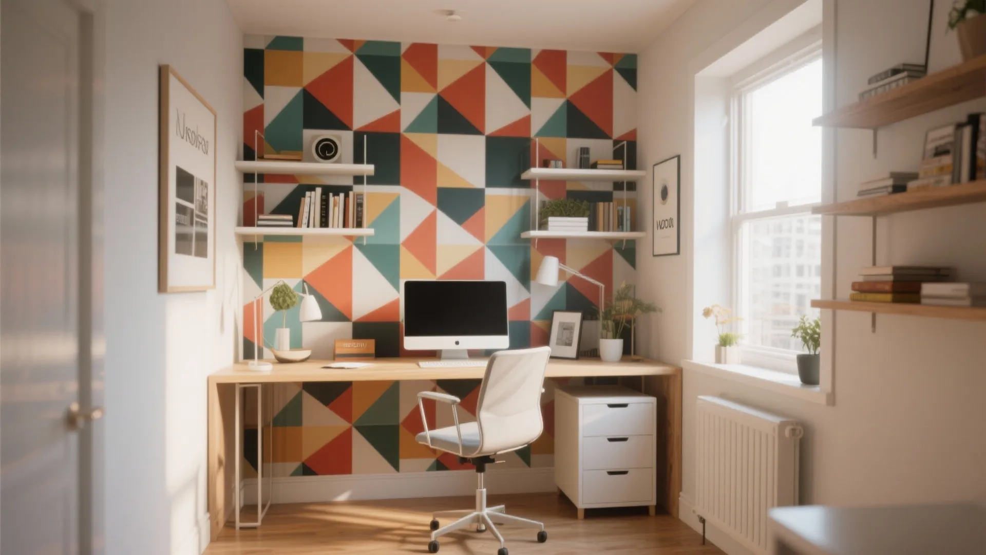 Home office with bold geometric wallpaper and minimal furniture