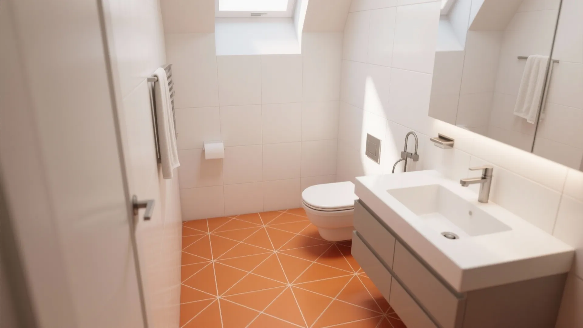 Modern white bathroom with orange geometric floor tiles featuring a sink toilet and wall light