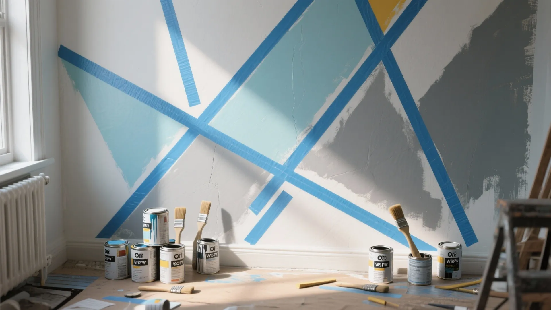 White wall being painted with blue geometric patterns using painter tape and several paint cans
